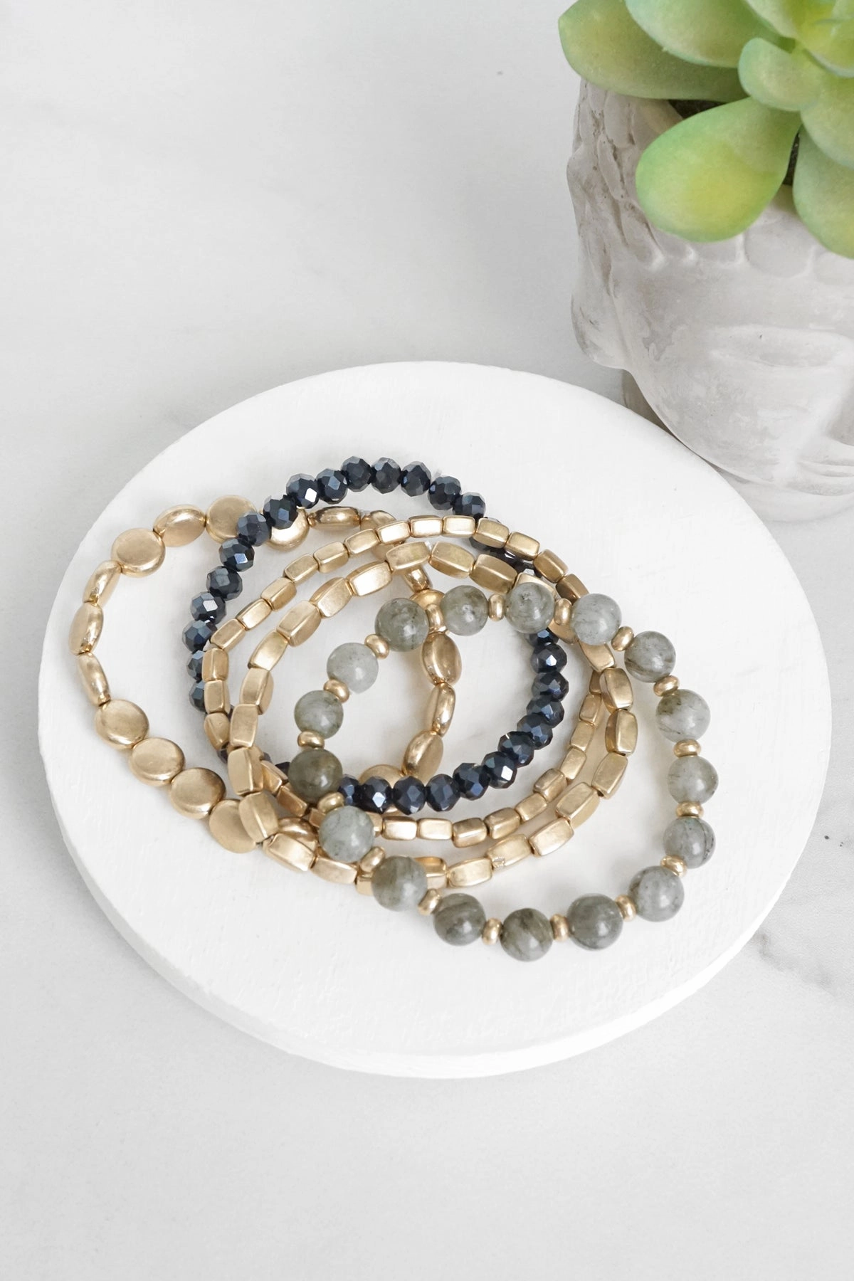 5 piece Boho Bracelet Stack Gray Black and worn gold tone Audience Favorite