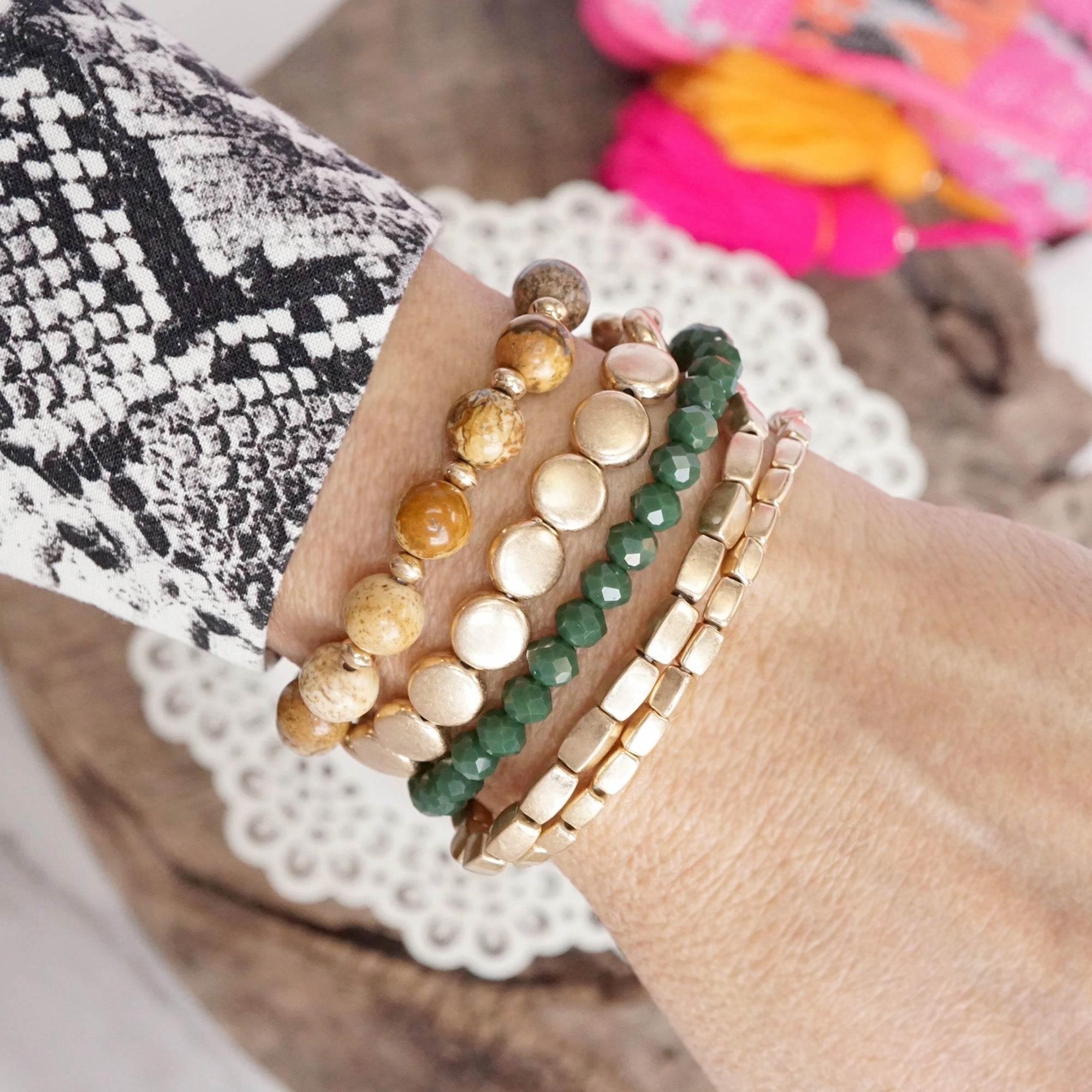 Grade A High Value 5 piece Boho Bracelet Stack Green Brown and worn gold tone