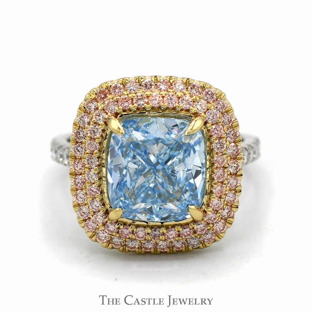 Modern Wear Superior Work 5ct Fancy Vivid Blue Cushion Cut Lab Grown Diamond Ring with Double Pink Diamond Halo in 14k White & Yellow Gold