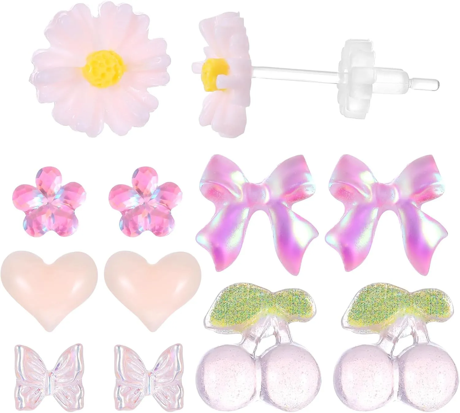 6 Pairs Resin Earrings Flowers Studs, Plastic Earrings for Sensitive Ears, Heart Bow Flower Plastic Post Earring for Women