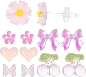 6 Pairs Resin Earrings Flowers Studs, Plastic Earrings for Sensitive Ears, Heart Bow Flower Plastic Post Earring for Women