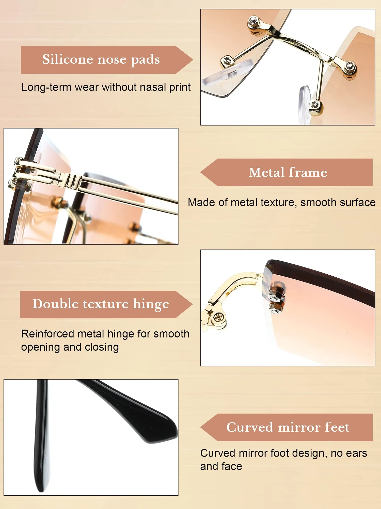 6 Pairs Rimless Rectangle Sunglasses Chic Frameless Square Glasses Candy Color Unisex Glasses Eyewear for Women Men Brown