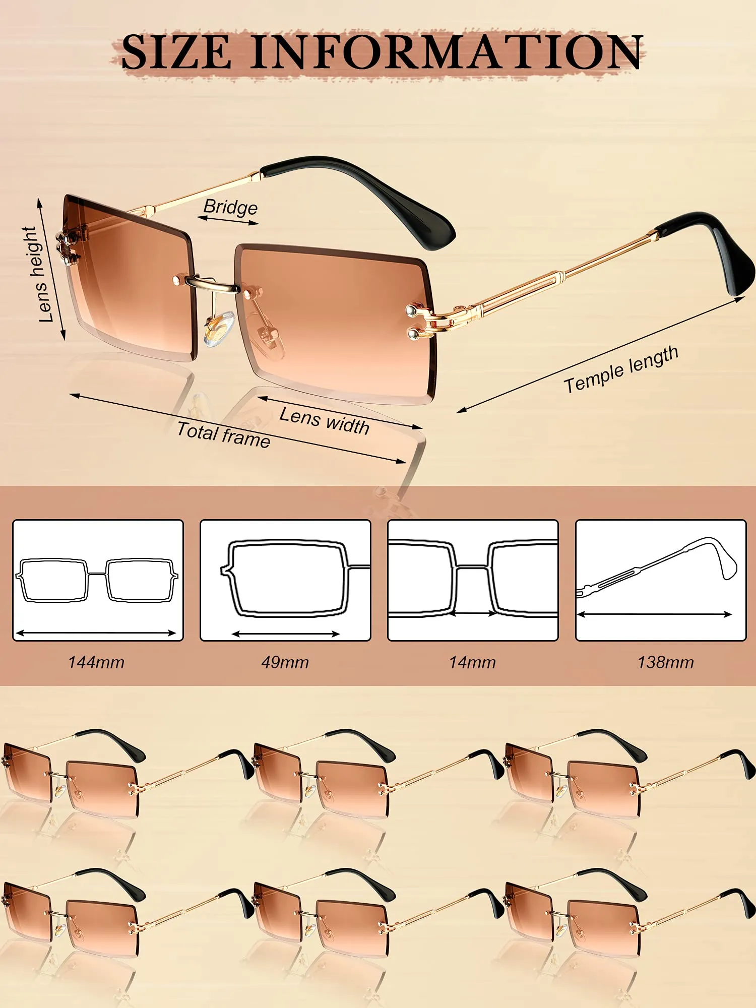 6 Pairs Rimless Rectangle Sunglasses Chic Frameless Square Glasses Candy Color Unisex Glasses Eyewear for Women Men Brown
