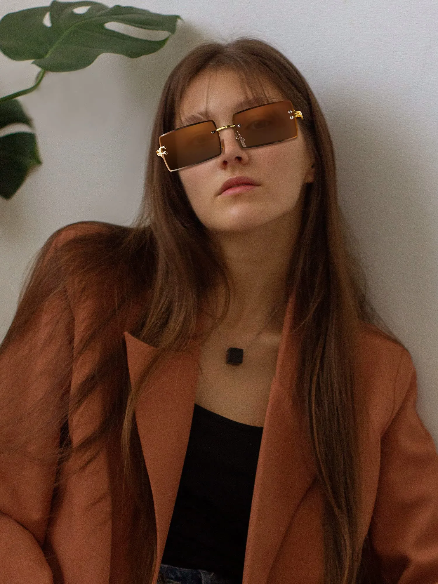 6 Pairs Rimless Rectangle Sunglasses Chic Frameless Square Glasses Candy Color Unisex Glasses Eyewear for Women Men Brown