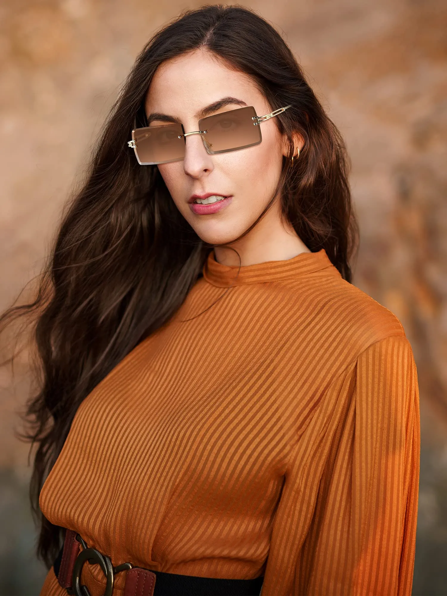 6 Pairs Rimless Rectangle Sunglasses Chic Frameless Square Glasses Candy Color Unisex Glasses Eyewear for Women Men Brown