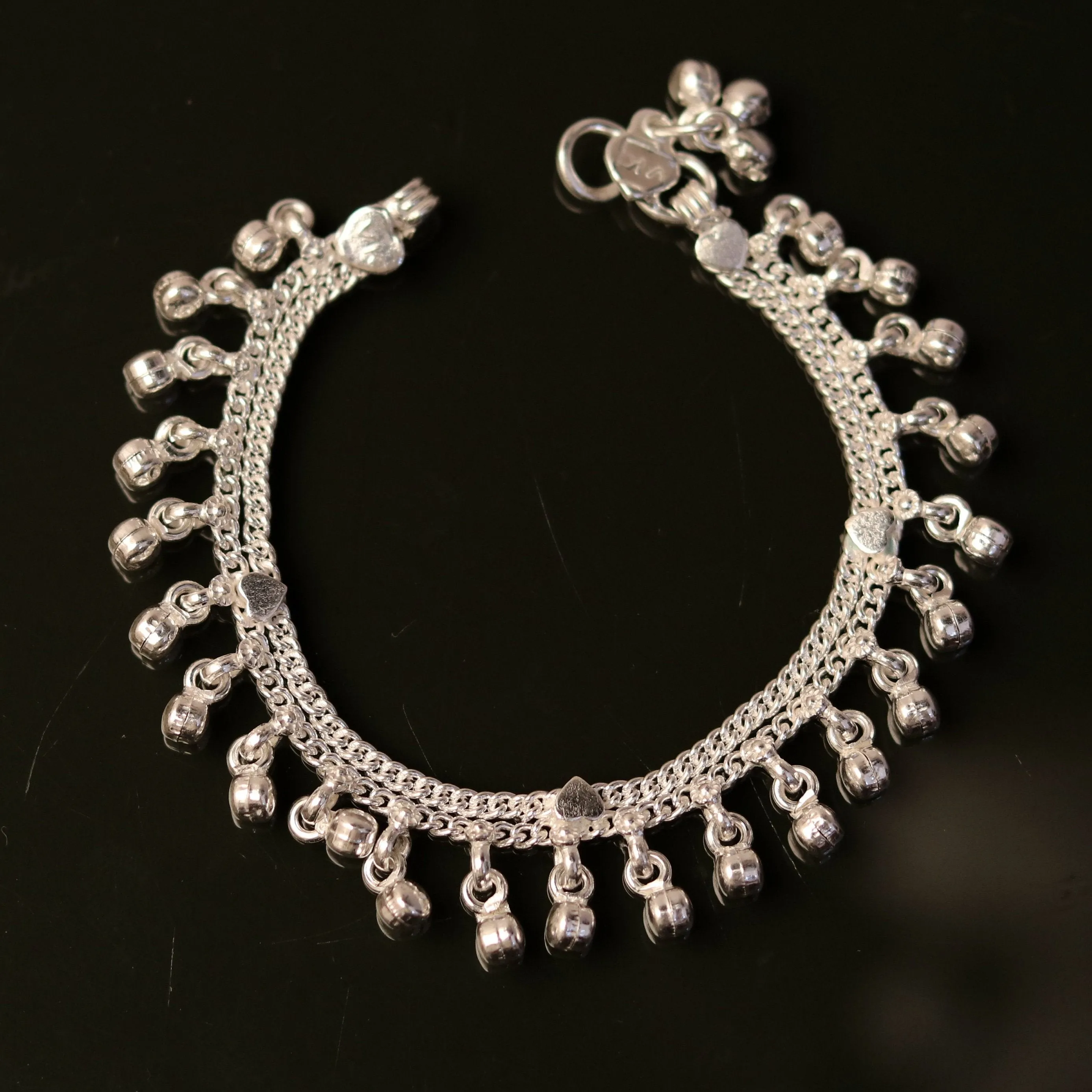 6.0" Sterling silver handmade baby anklet charm ankle bracelet, fabulous hanging noisy bells, excellent unisex baby foot bracelet ank194