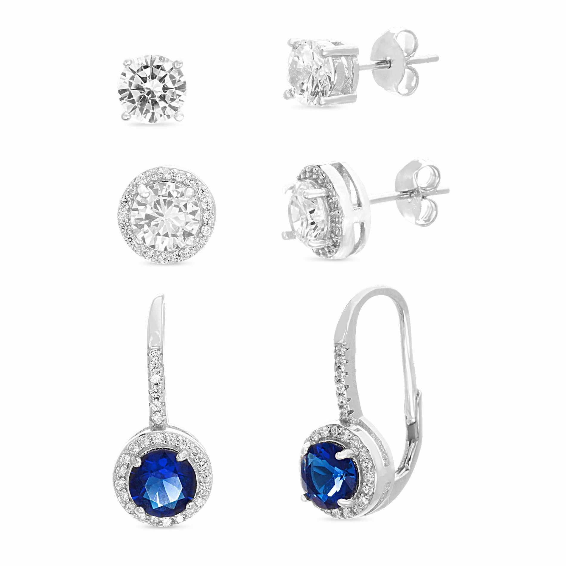 6mm Round Cubic Zirconia Stud, Halo and Leverback 3 Pair Earring Set in Rhodium Plated Sterling Silver Stunning Choice