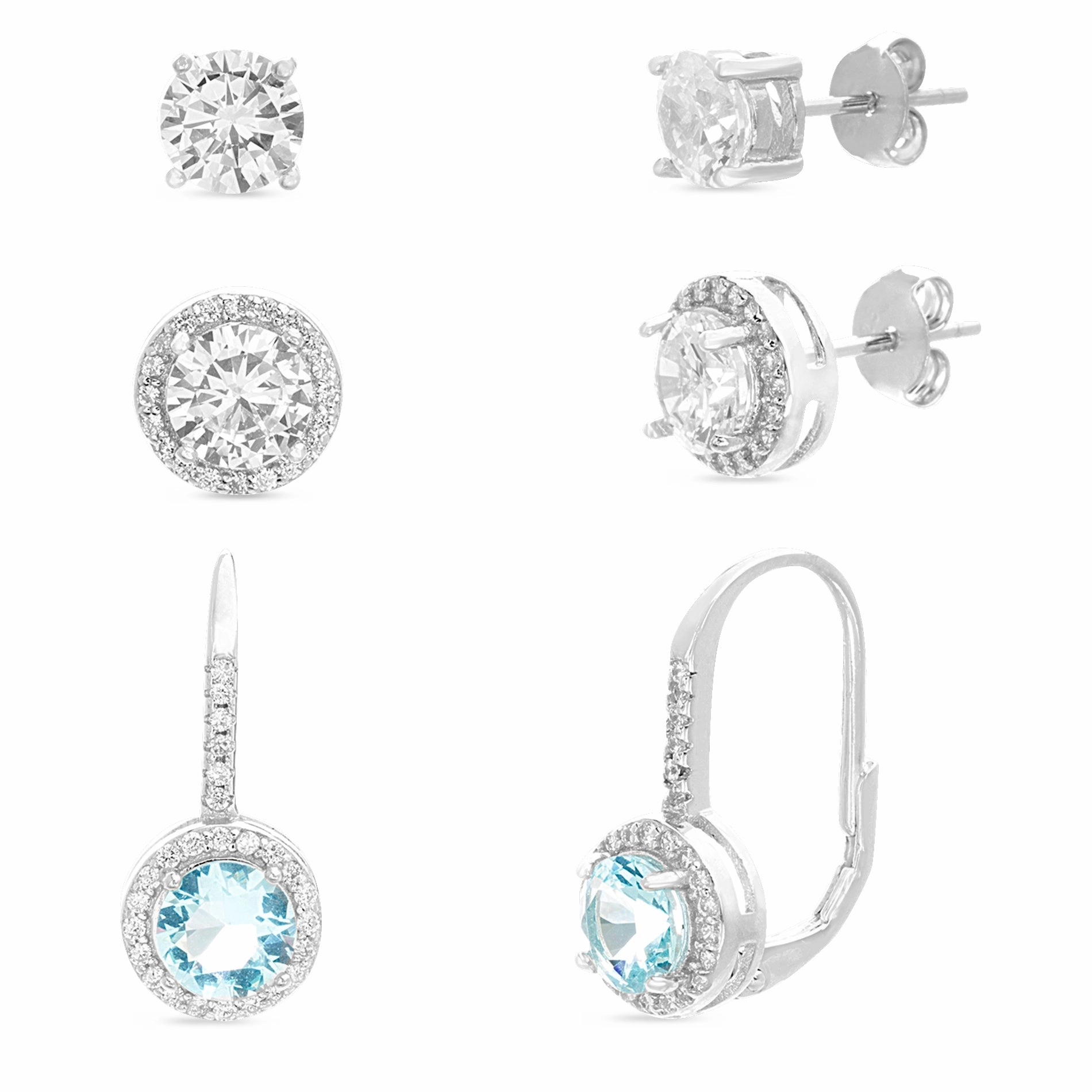 6mm Round Cubic Zirconia Stud, Halo and Leverback 3 Pair Earring Set in Rhodium Plated Sterling Silver Durable feature Beautiful Accent
