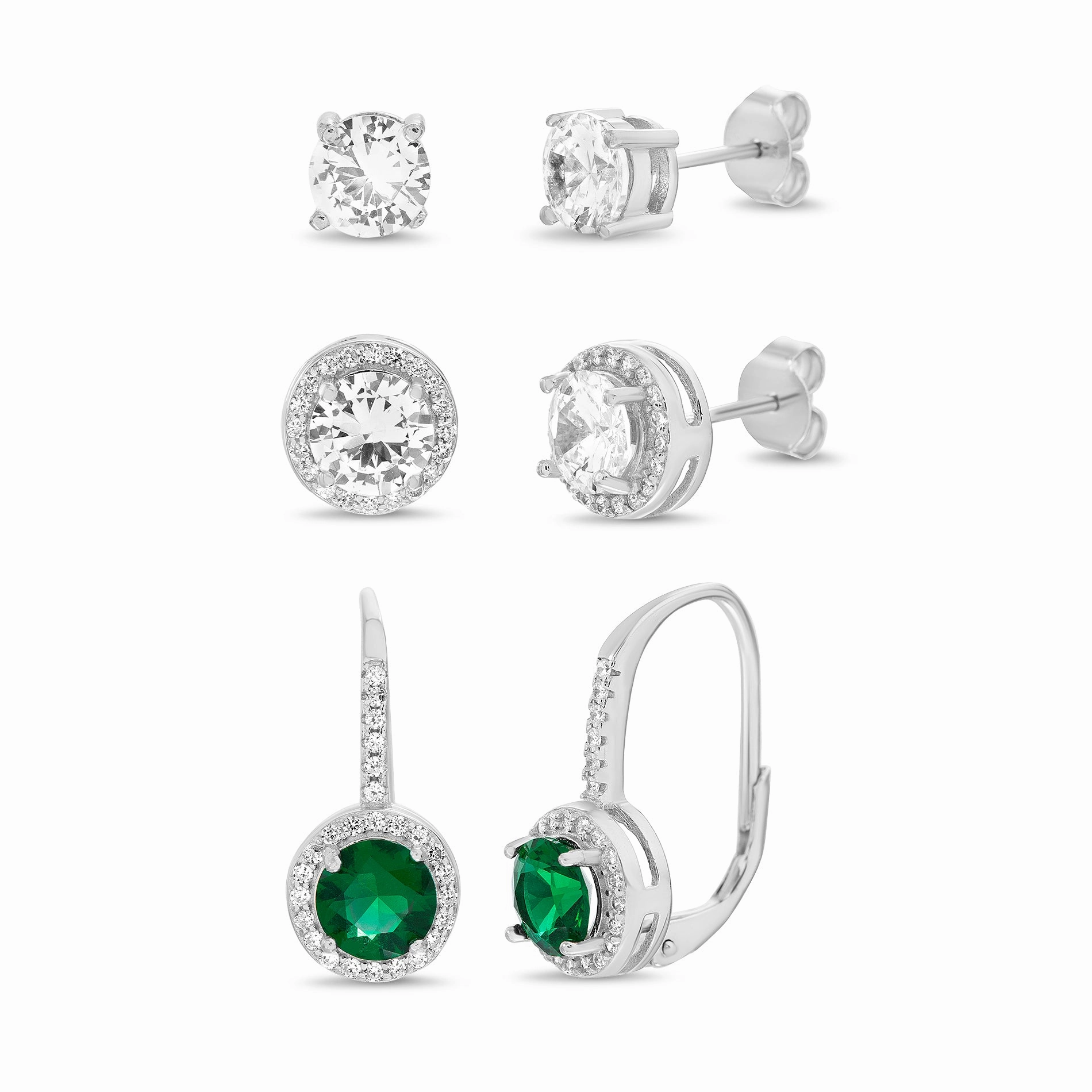 6mm Round Cubic Zirconia Stud, Halo and Leverback 3 Pair Earring Set in Rhodium Plated Sterling Silver Elegant Option