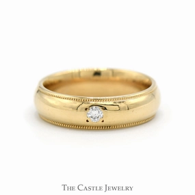 Personal Craft 6mm Wide Comfort Fit Wedding Band with Milgrain Edges & Diamond Solitaire Accent in 14k Yellow Gold