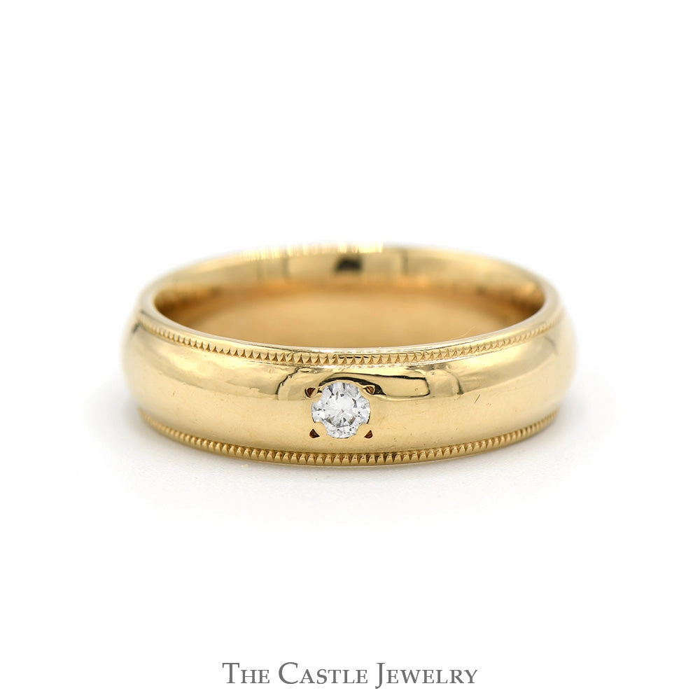 Personal Craft 6mm Wide Comfort Fit Wedding Band with Milgrain Edges & Diamond Solitaire Accent in 14k Yellow Gold
