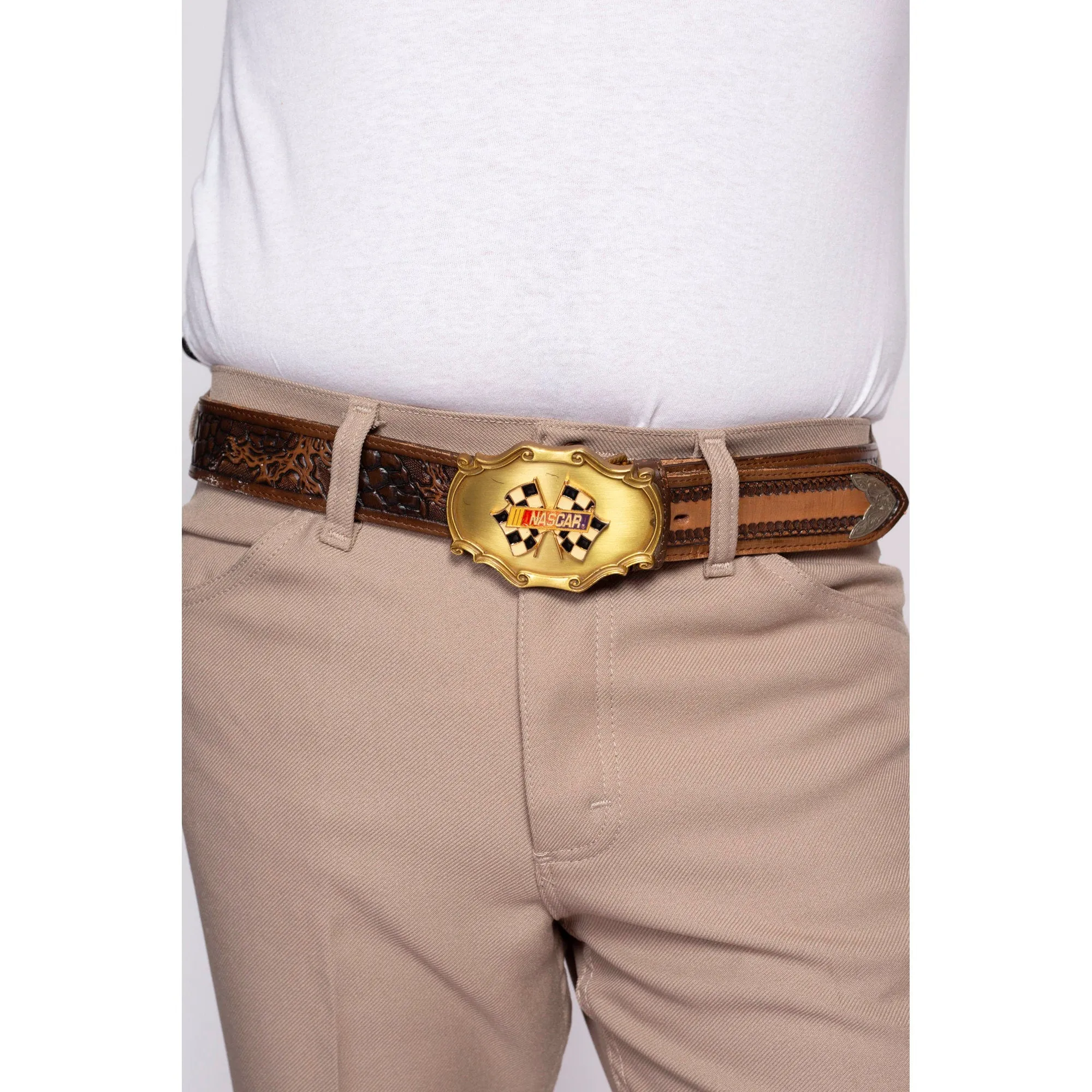 70s Nascar RainTree Belt Buckle & Leather Belt - Size 40
