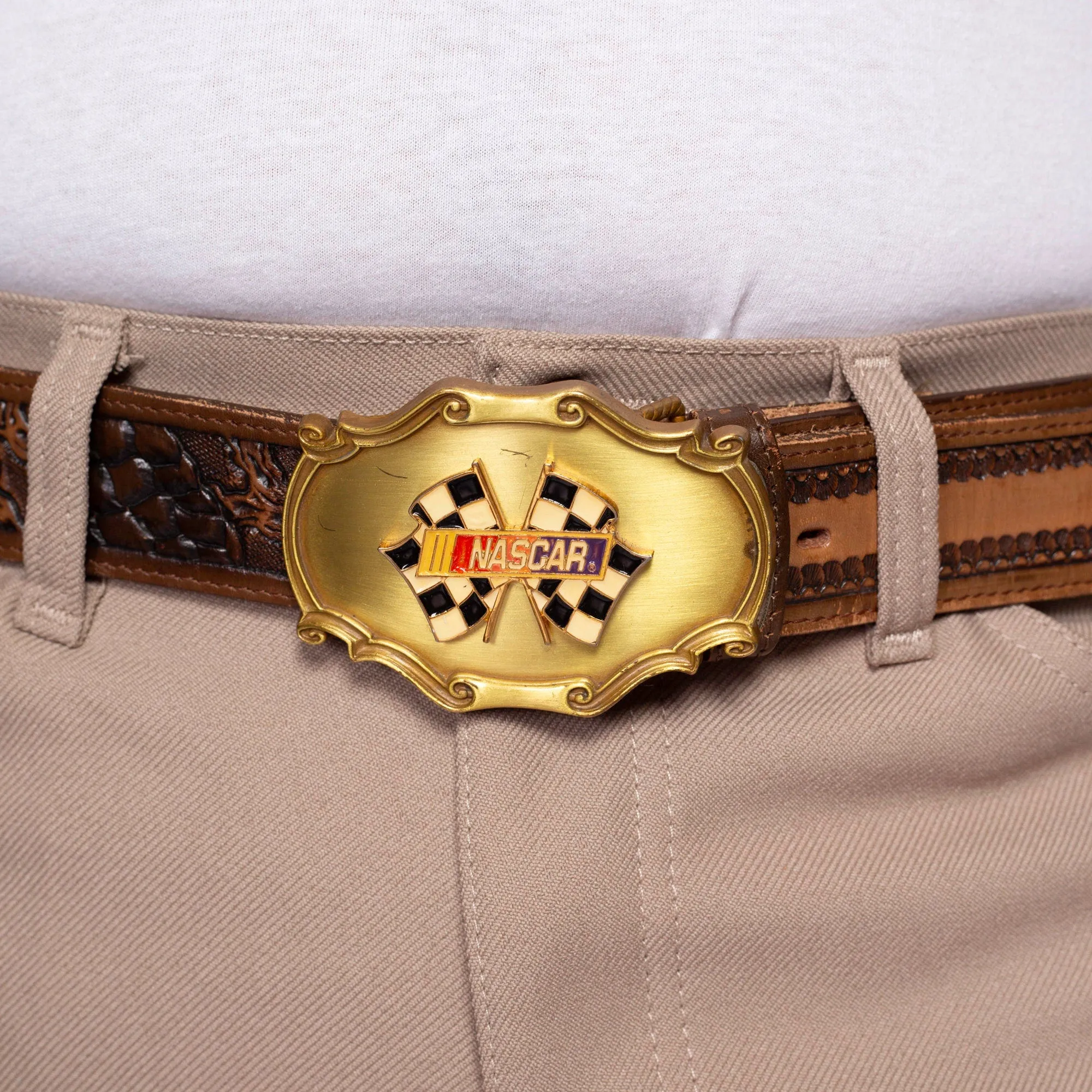 70s Nascar RainTree Belt Buckle & Leather Belt - Size 40