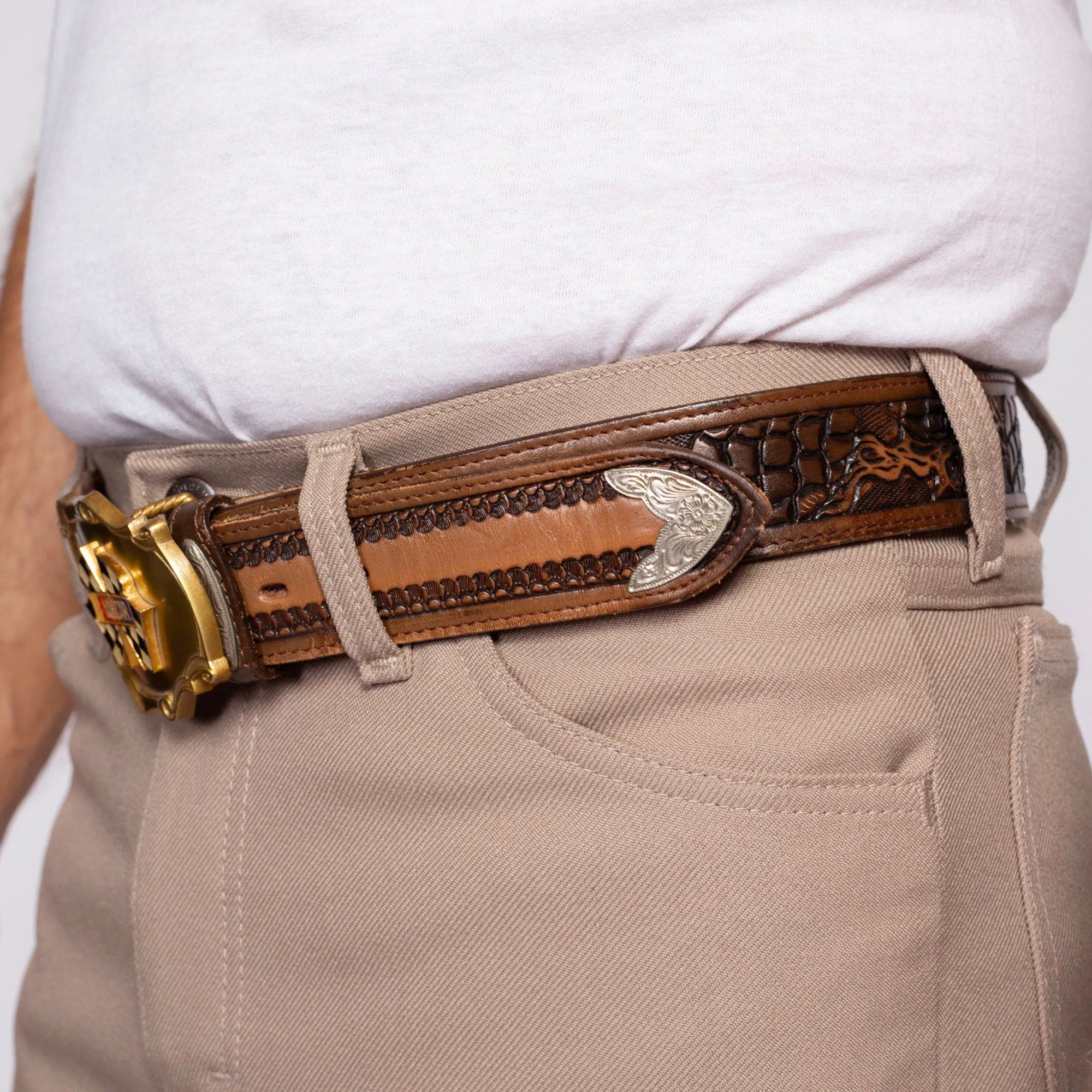 70s Nascar RainTree Belt Buckle & Leather Belt - Size 40