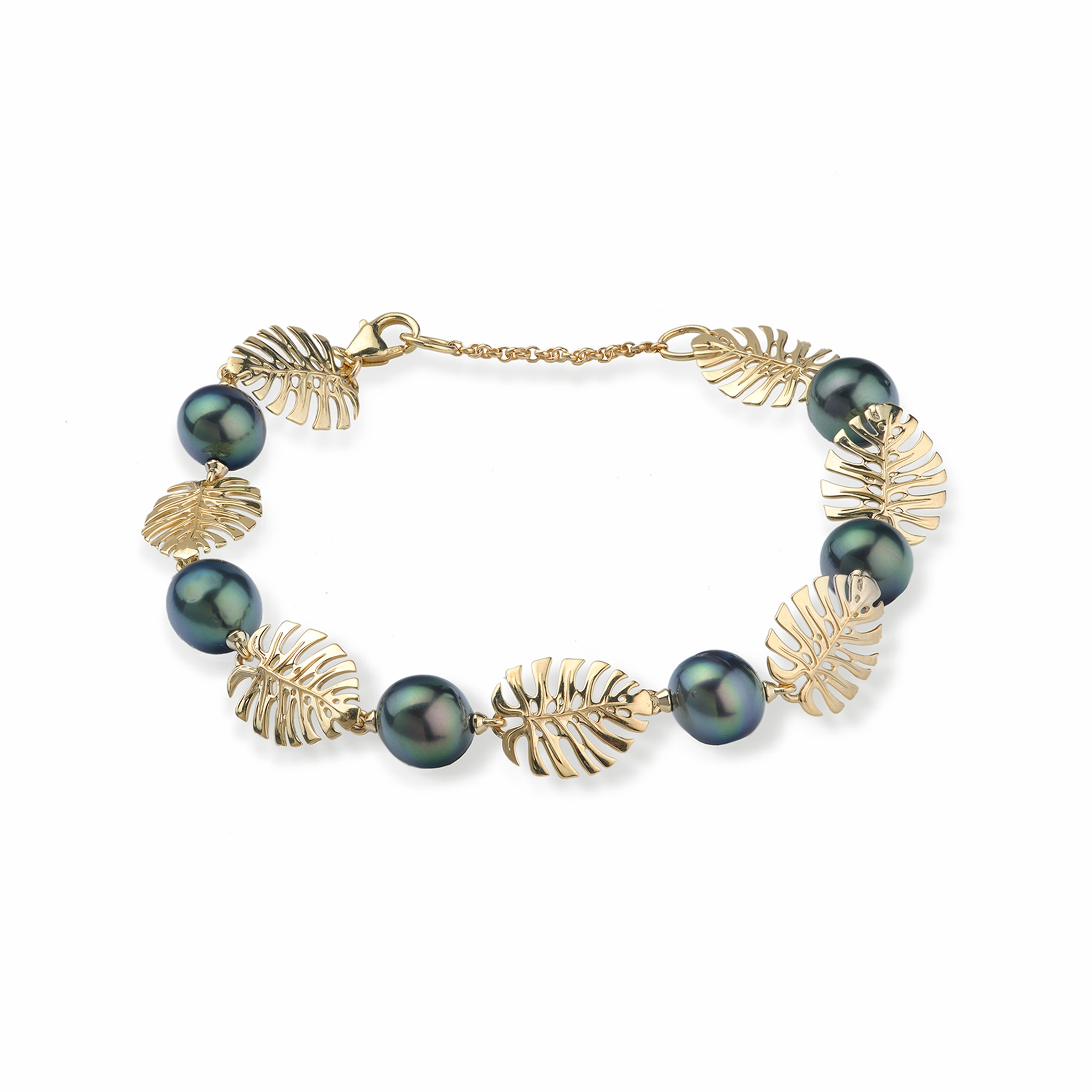 Fashion Essential Daily Gift 7.5-8.5" Adjustable Monstera Tahitian Black Pearl Bracelet in Gold - 8-9mm