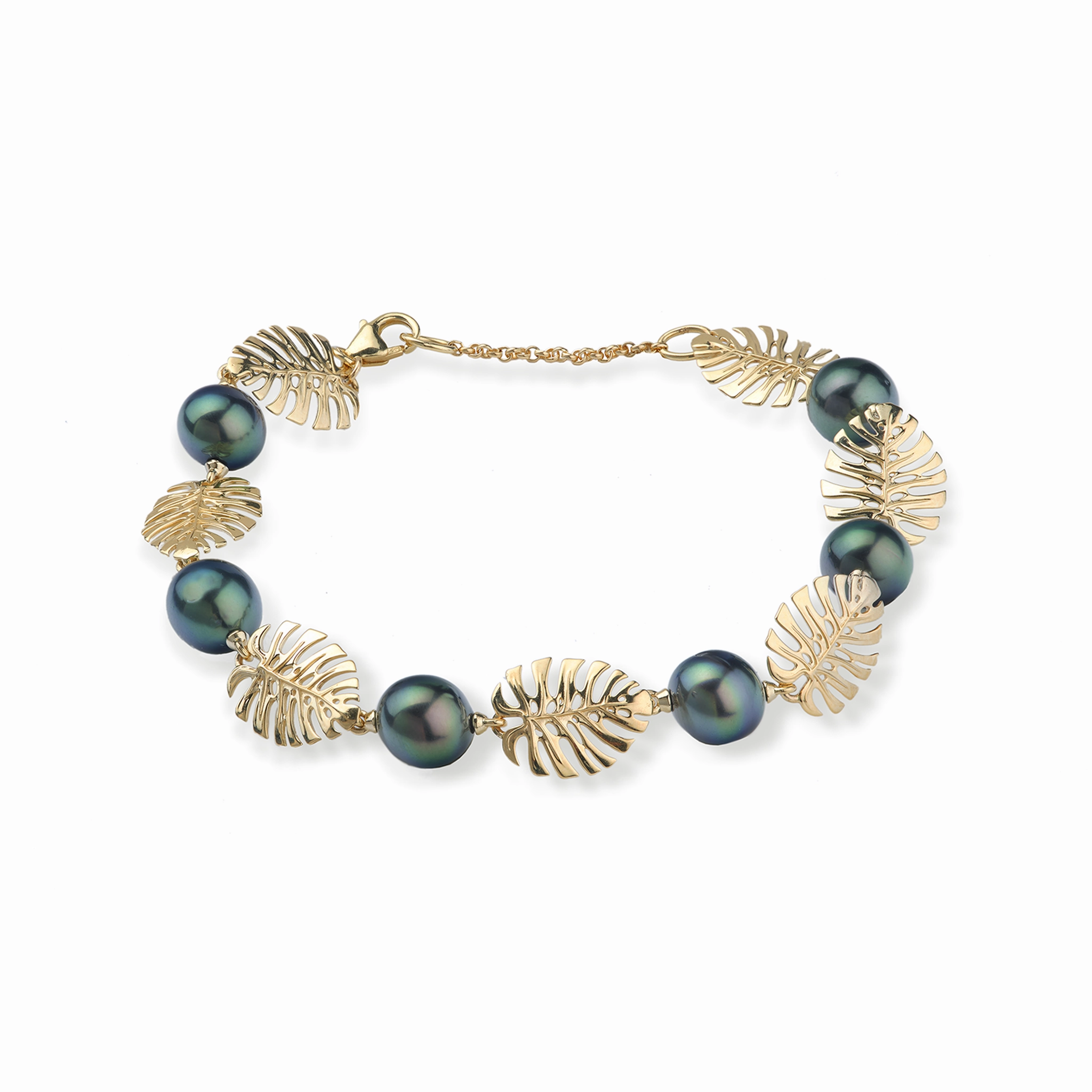 Minimal accessory Instant Edge 7.5-8.5" Adjustable Monstera Tahitian Black Pearl Bracelet in Gold - 8-9mm