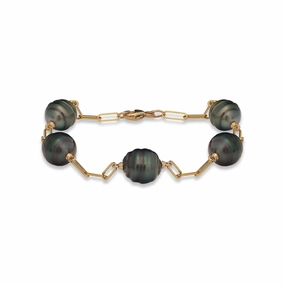 7.5-8" Paperclip Chain Tahitian Black Pearl Bracelet in Gold - 9-10mm Romantic Moment