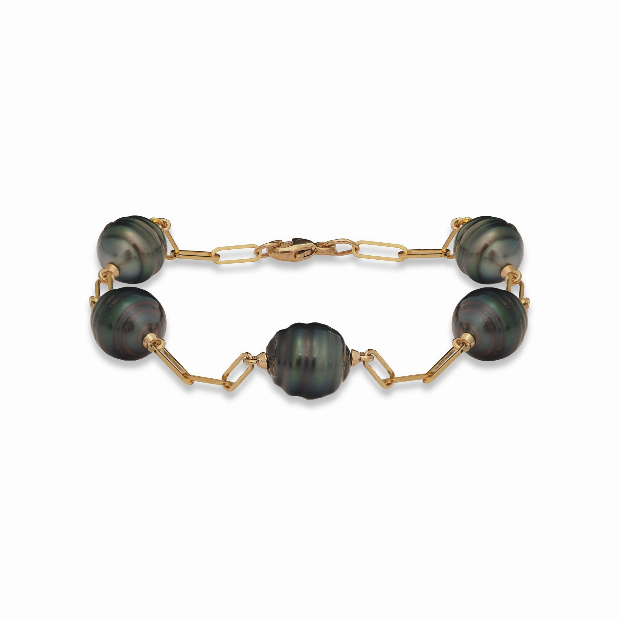 7.5-8" Paperclip Chain Tahitian Black Pearl Bracelet in Gold - 9-10mm Romantic Moment