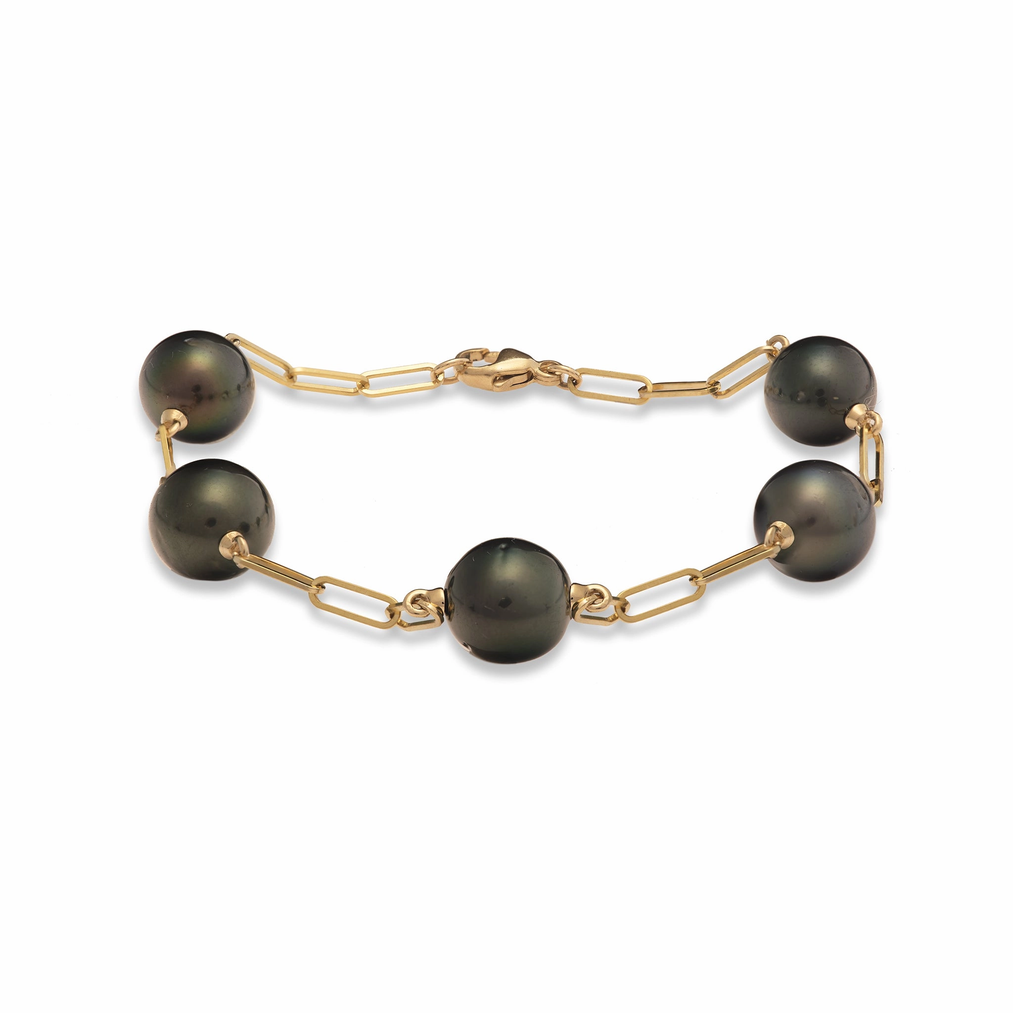 Holiday Style 7.5-8" Paperclip Chain Tahitian Black Pearl Bracelet in Gold - 9-10mm