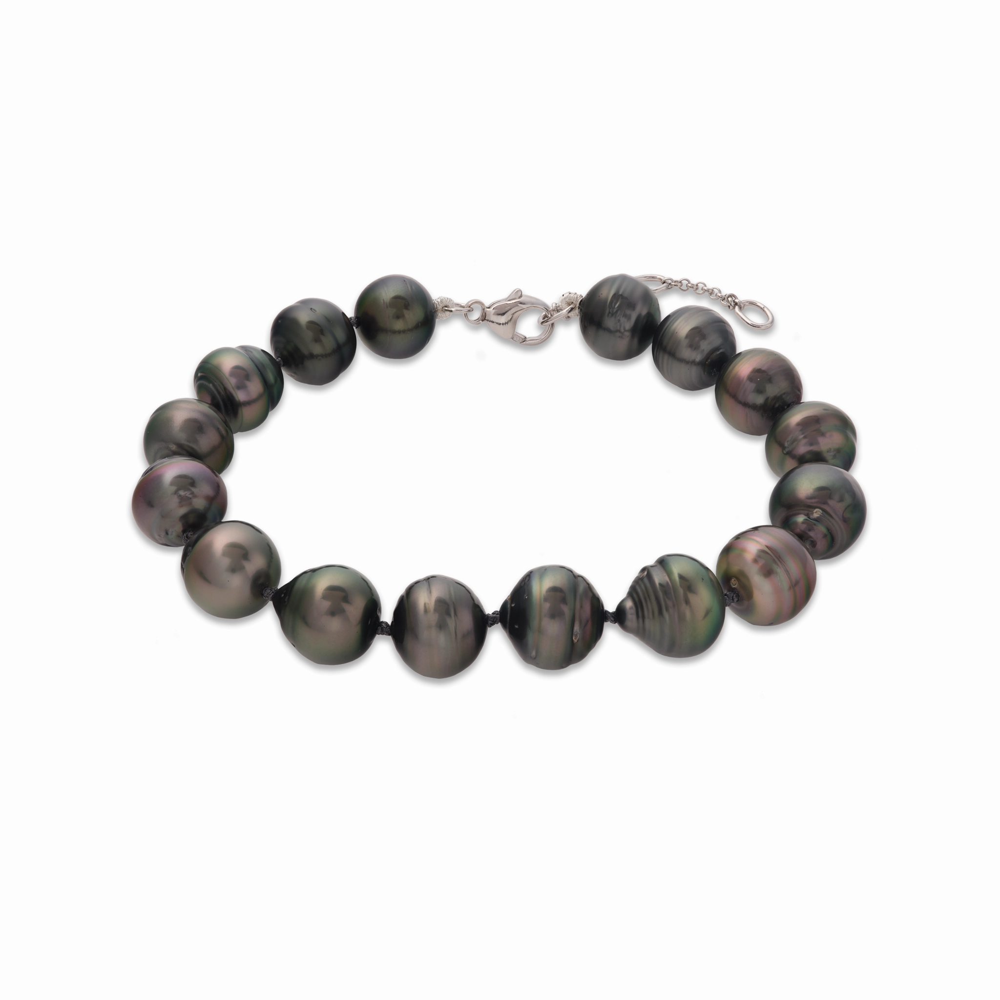 7.5-9" Adjustable Tahitian Black Pearl Bracelet in White Gold - 10-12mm Elegant Detailing