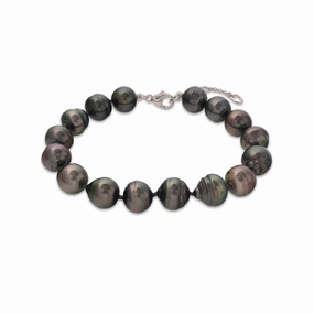 7.5-9" Adjustable Tahitian Black Pearl Bracelet in White Gold - 10-12mm Elegant Detailing