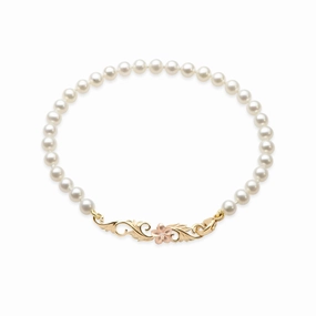 7-7.5" Hawaiian Heirloom Plumeria Freshwater White Pearl Bracelet in Two Tone Gold with Diamond Refined Sparkle