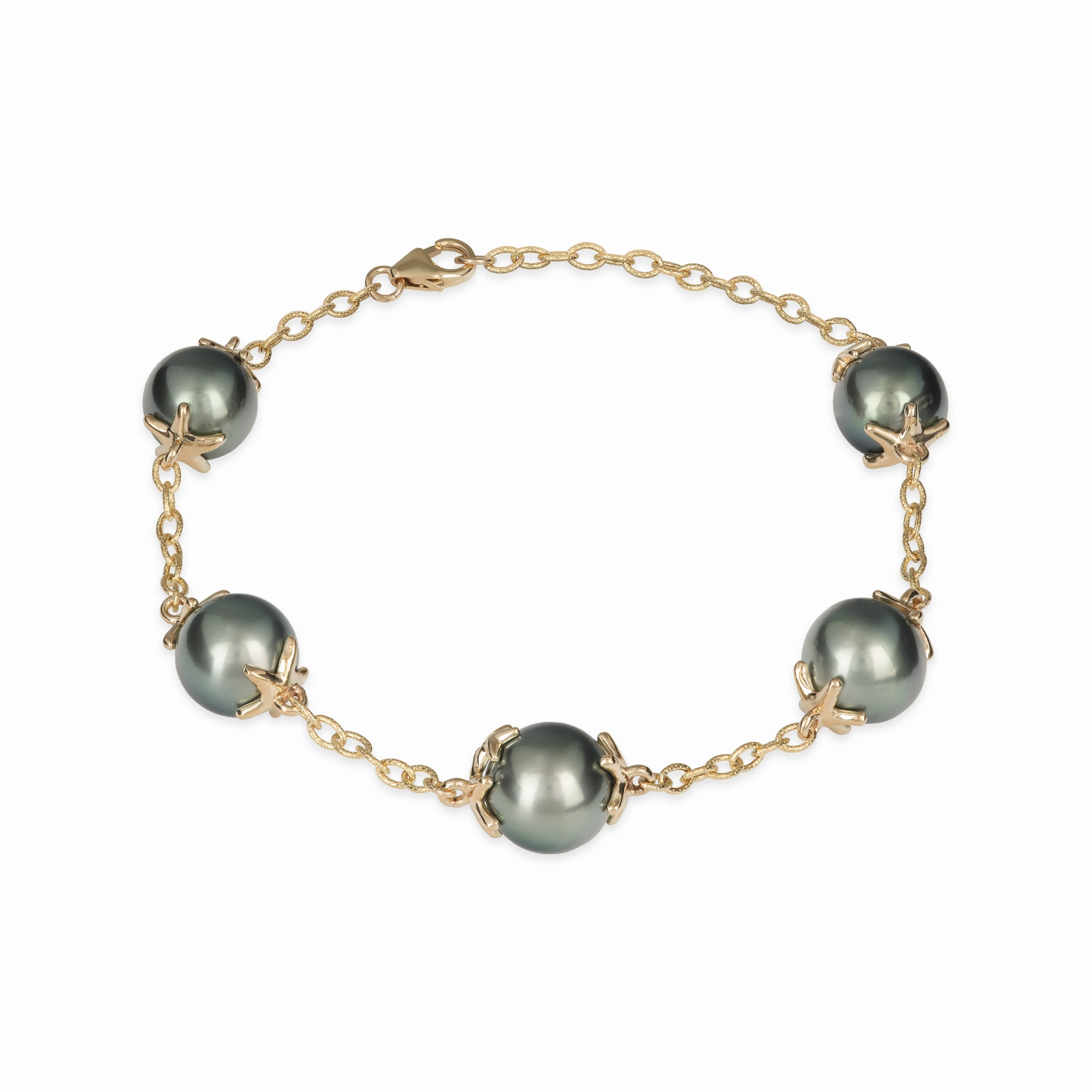 7-8.25" Adjustable Reefs Starfish Tahitian Black Pearl Bracelet in Gold - 10-11mm Refined Layer