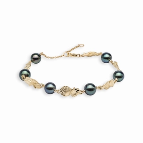 Premium Craft 7-9" Adjustable Seashells Tahitian Black Pearl Bracelet in Gold