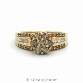 7 Round Champaign Diamond Cluster Ring with Diamond Accented Sides in 10k Yellow Gold Graceful Balance