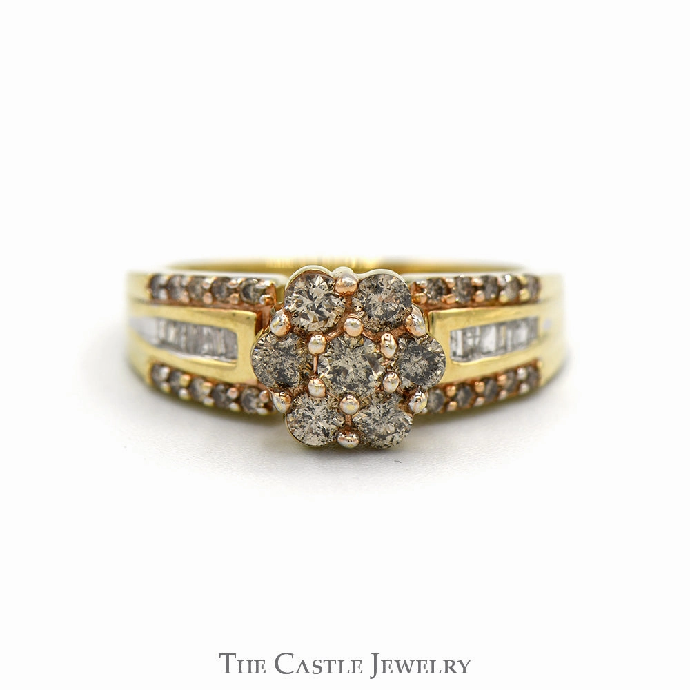 7 Round Champaign Diamond Cluster Ring with Diamond Accented Sides in 10k Yellow Gold Graceful Balance
