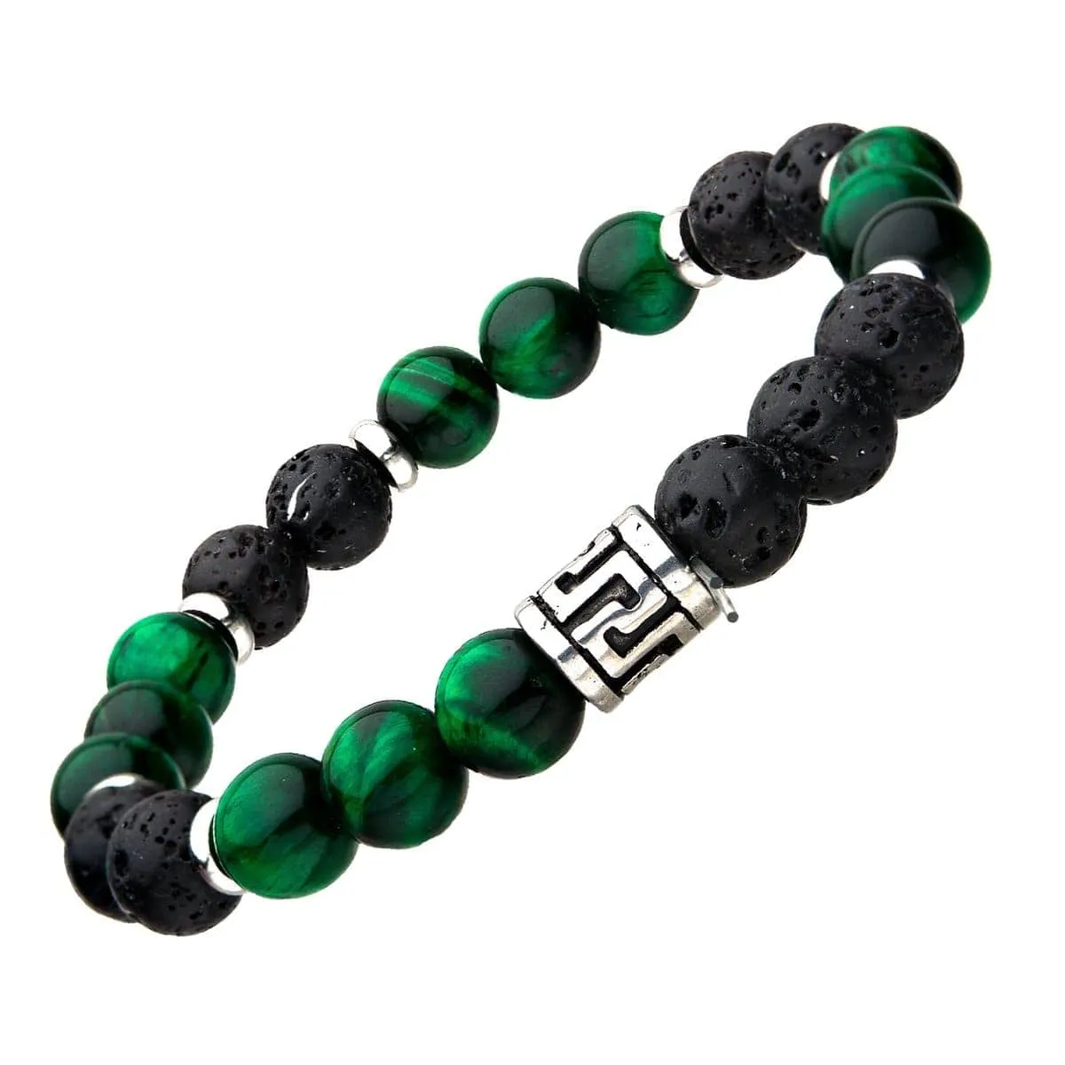 8mm Green Tiger's Eye, Black Molten Lava Beads with Silver Tone Stainless Steel Detail Bracelet
