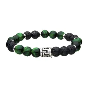 8mm Green Tiger's Eye, Black Molten Lava Beads with Silver Tone Stainless Steel Detail Bracelet