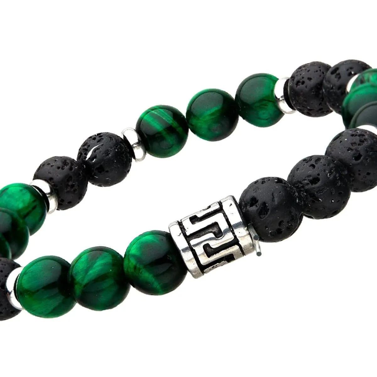 8mm Green Tiger's Eye, Black Molten Lava Beads with Silver Tone Stainless Steel Detail Bracelet