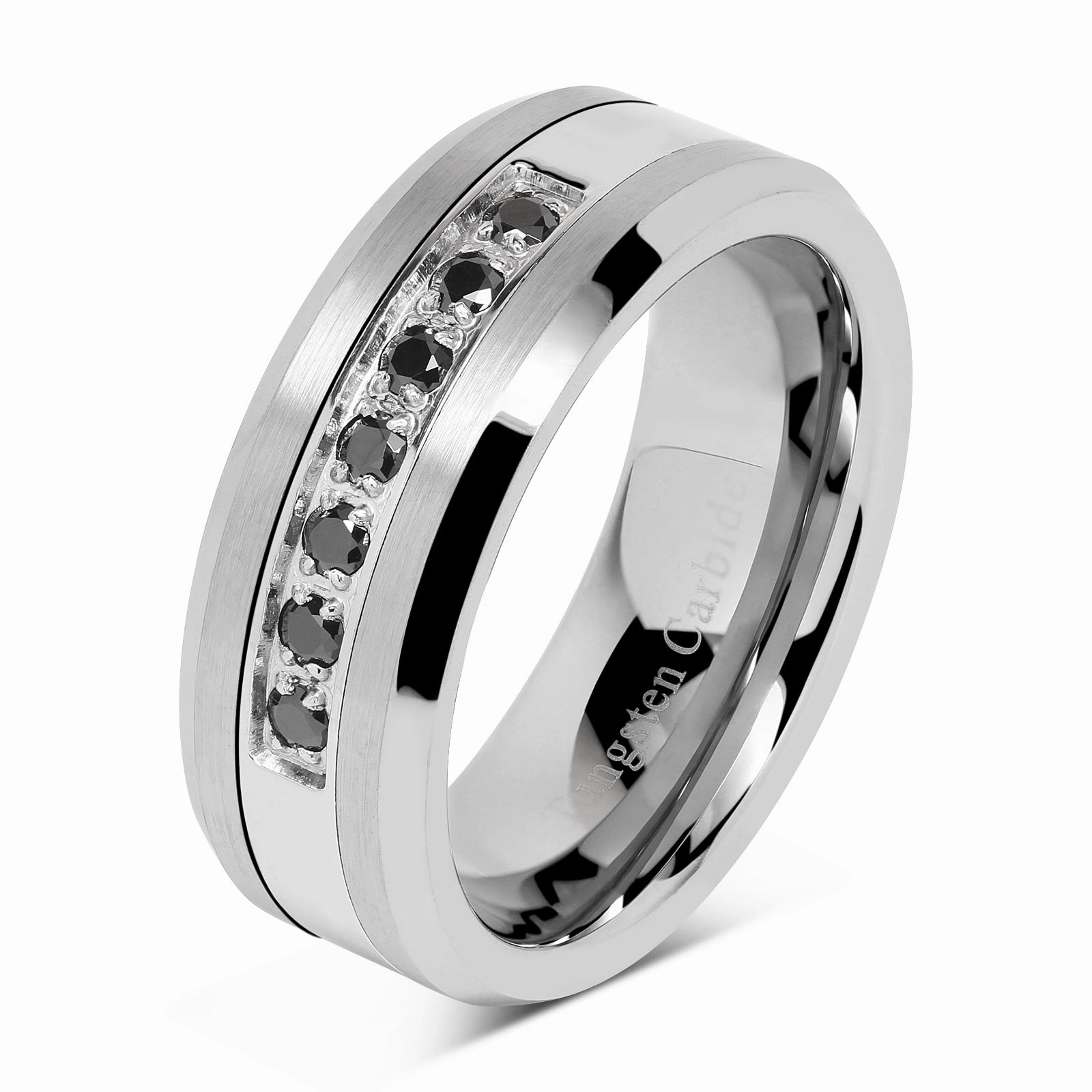 8mm Men's Tungsten Ring Black Cz Inlay Wedding Band Titanium Color Size 8-16 Ornate Piece