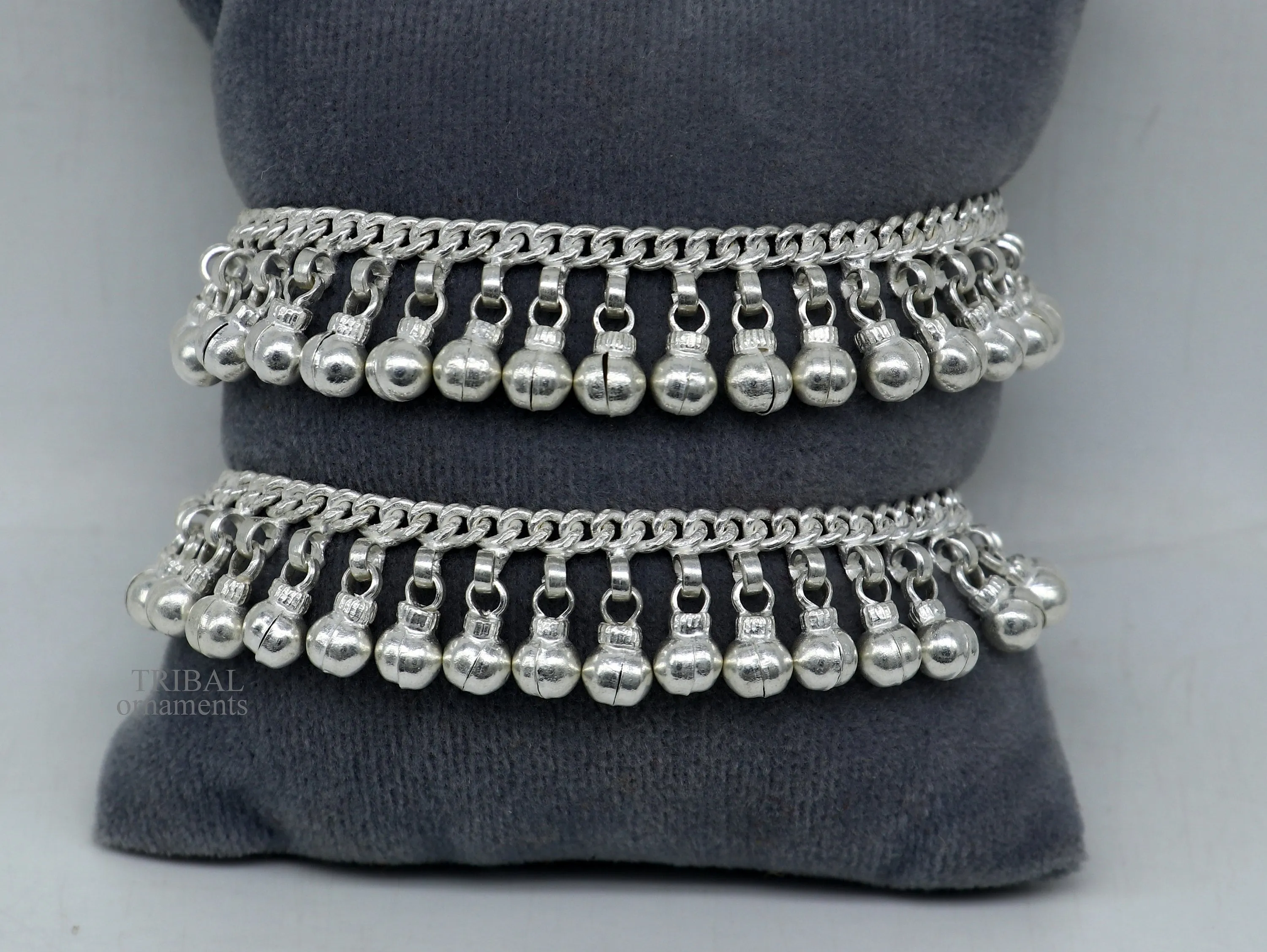 8" Vintage style sterling silver handmade solid chain ankle bracelet with amazing noisy jingle bells belly girl's genuine jewelry ank450