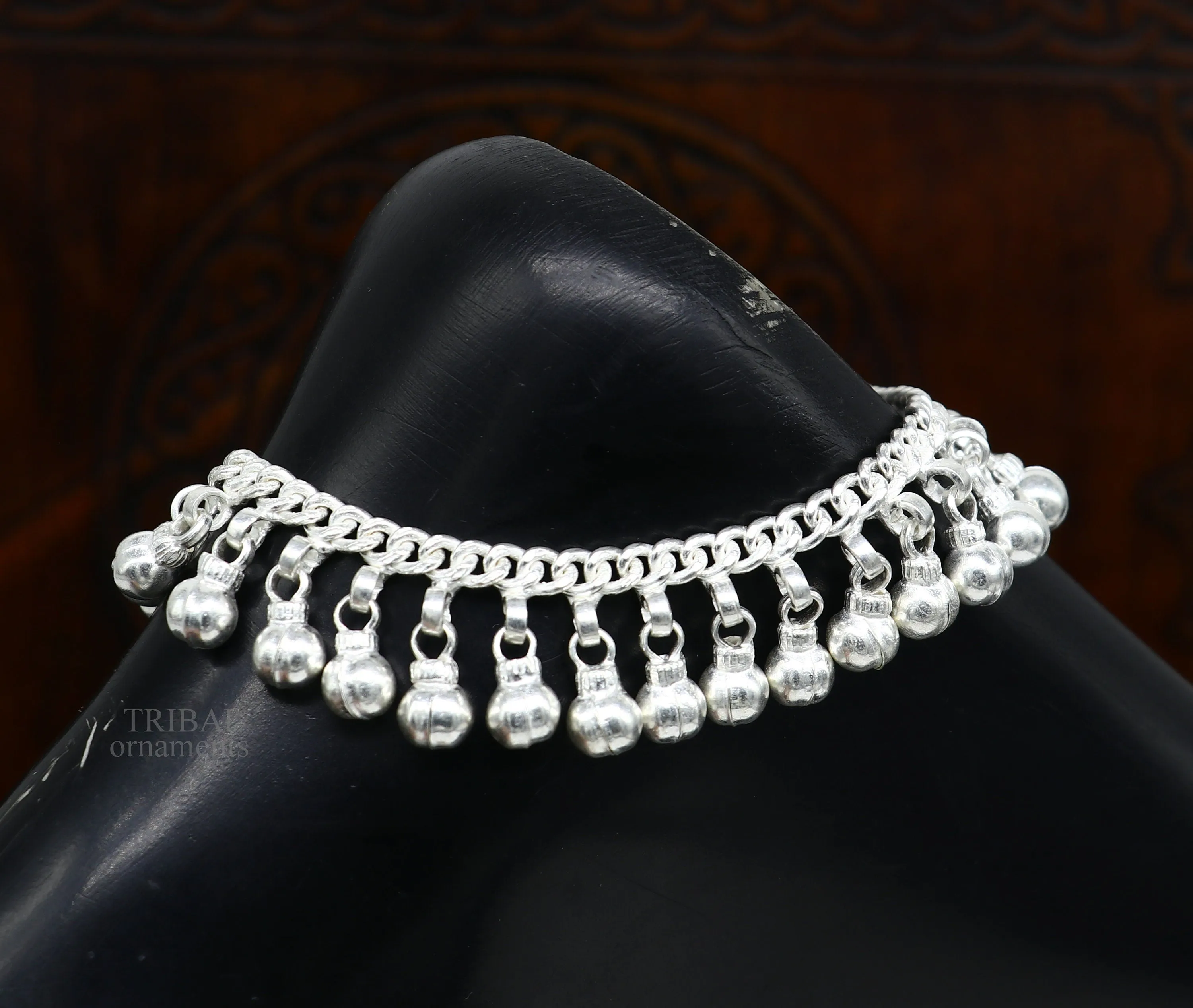 8" Vintage style sterling silver handmade solid chain ankle bracelet with amazing noisy jingle bells belly girl's genuine jewelry ank450