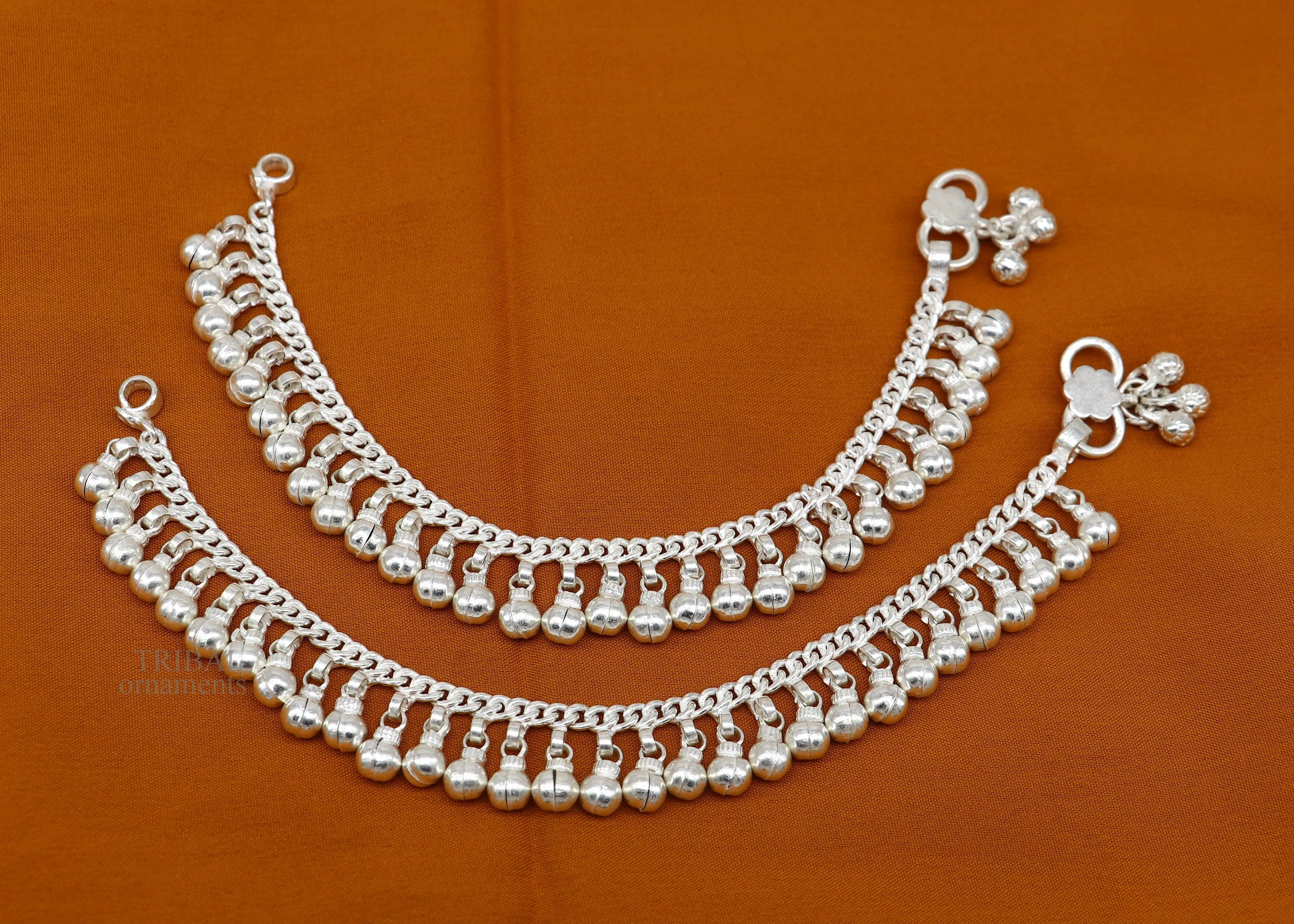 8" Vintage style sterling silver handmade solid chain ankle bracelet with amazing noisy jingle bells belly girl's genuine jewelry ank450