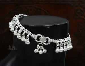 8" Vintage style sterling silver handmade solid chain ankle bracelet with amazing noisy jingle bells belly girl's genuine jewelry ank450