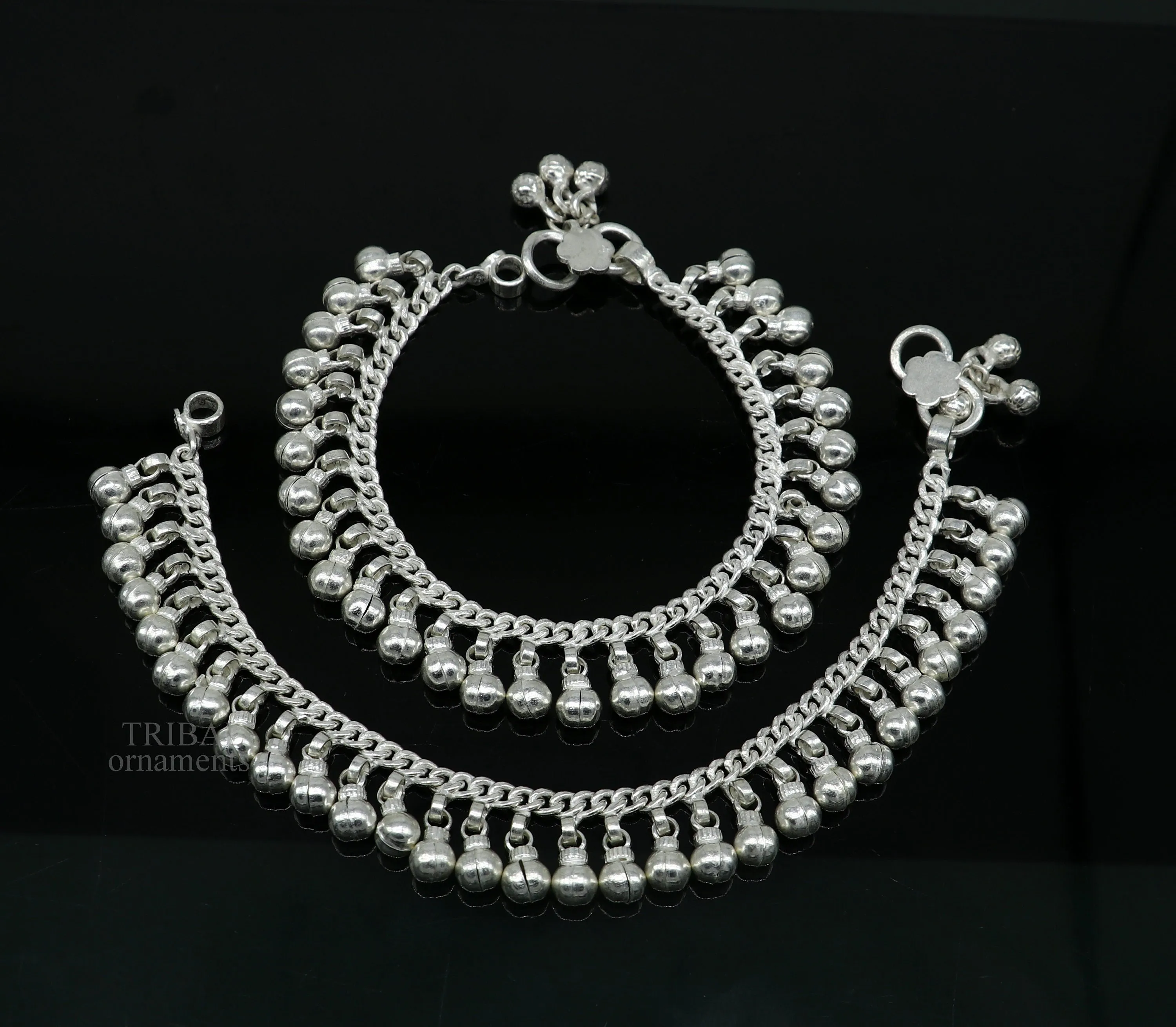 8" Vintage style sterling silver handmade solid chain ankle bracelet with amazing noisy jingle bells belly girl's genuine jewelry ank450