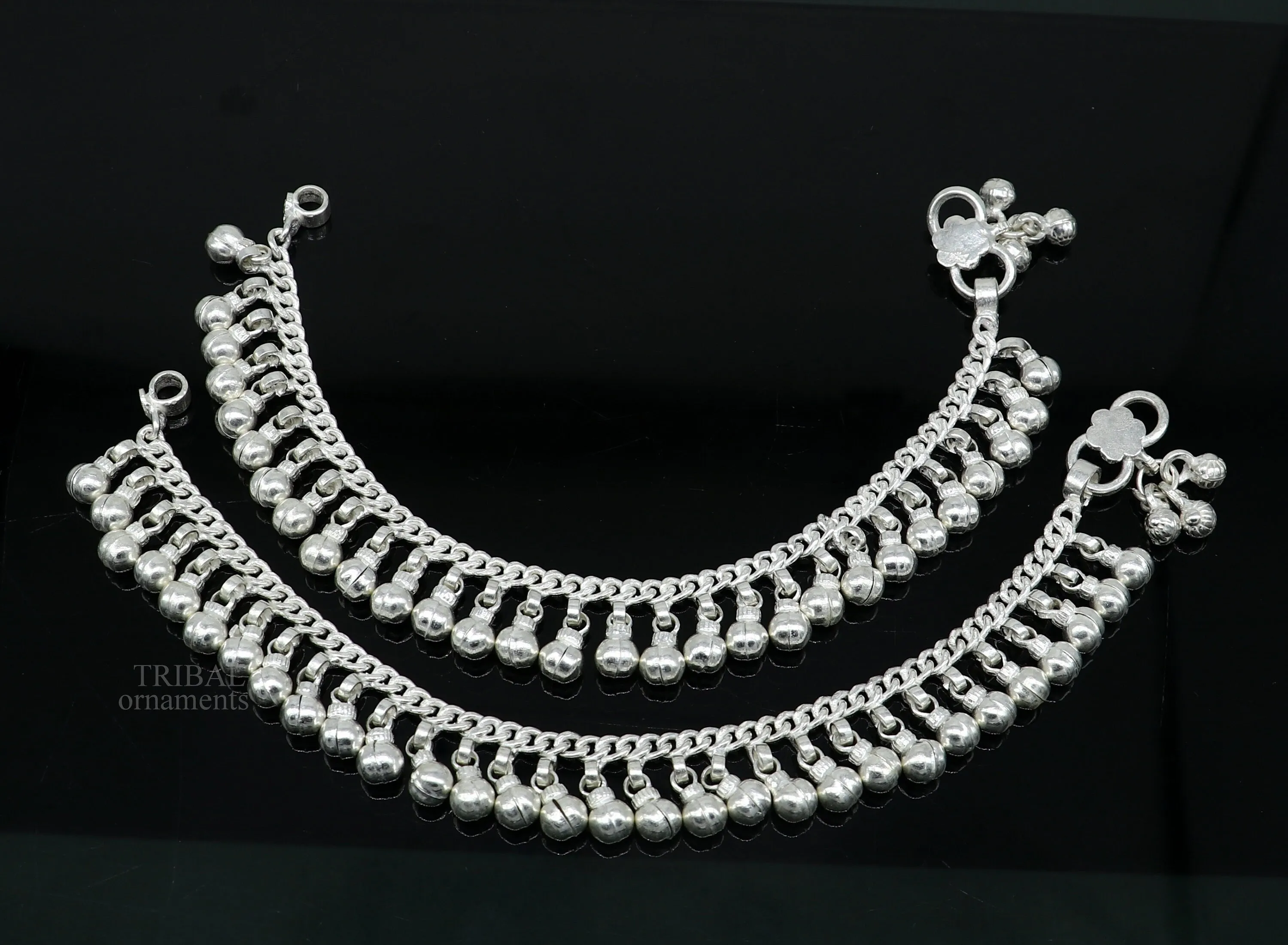 8" Vintage style sterling silver handmade solid chain ankle bracelet with amazing noisy jingle bells belly girl's genuine jewelry ank450