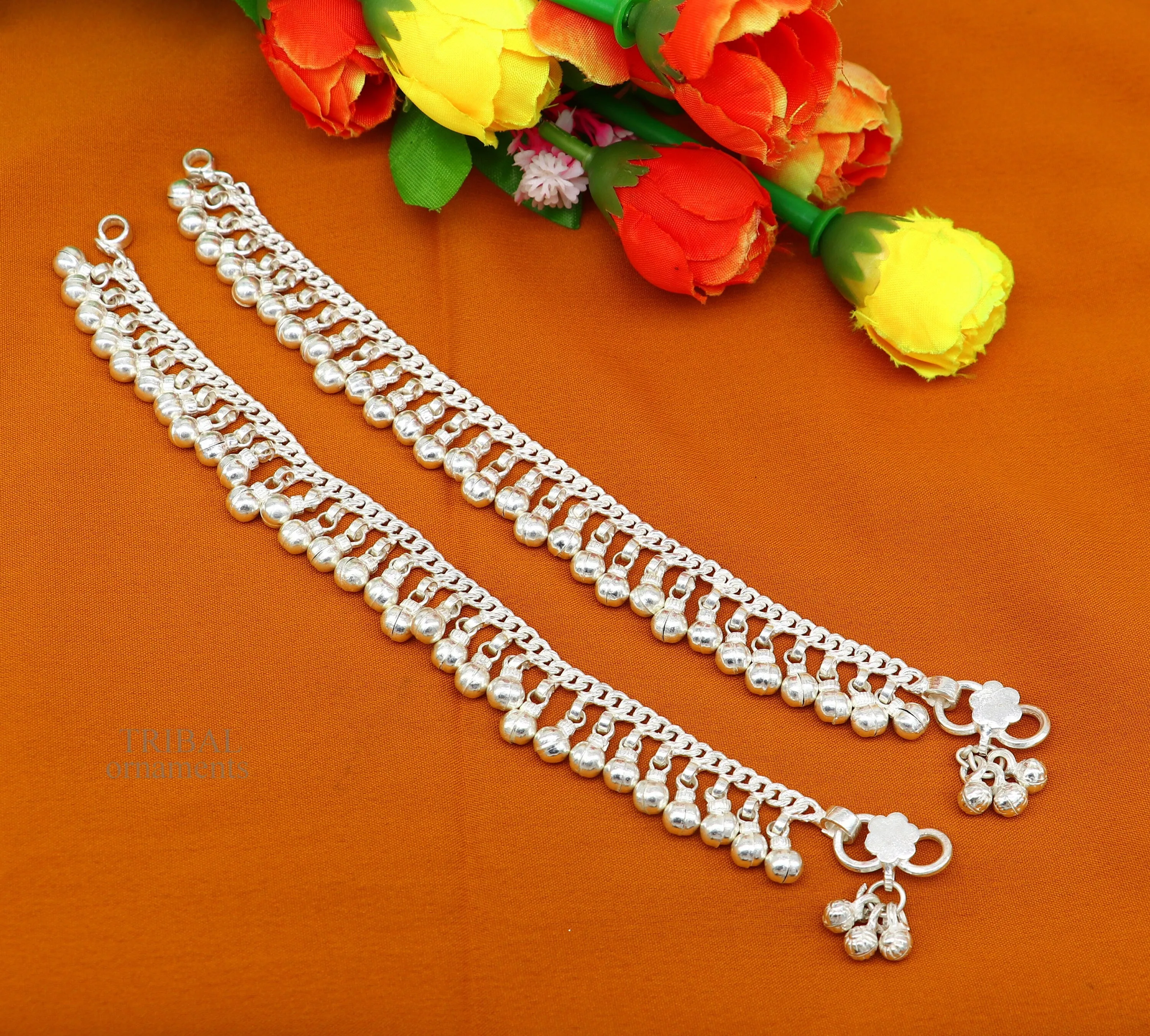 8" Vintage style sterling silver handmade solid chain ankle bracelet with amazing noisy jingle bells belly girl's genuine jewelry ank450