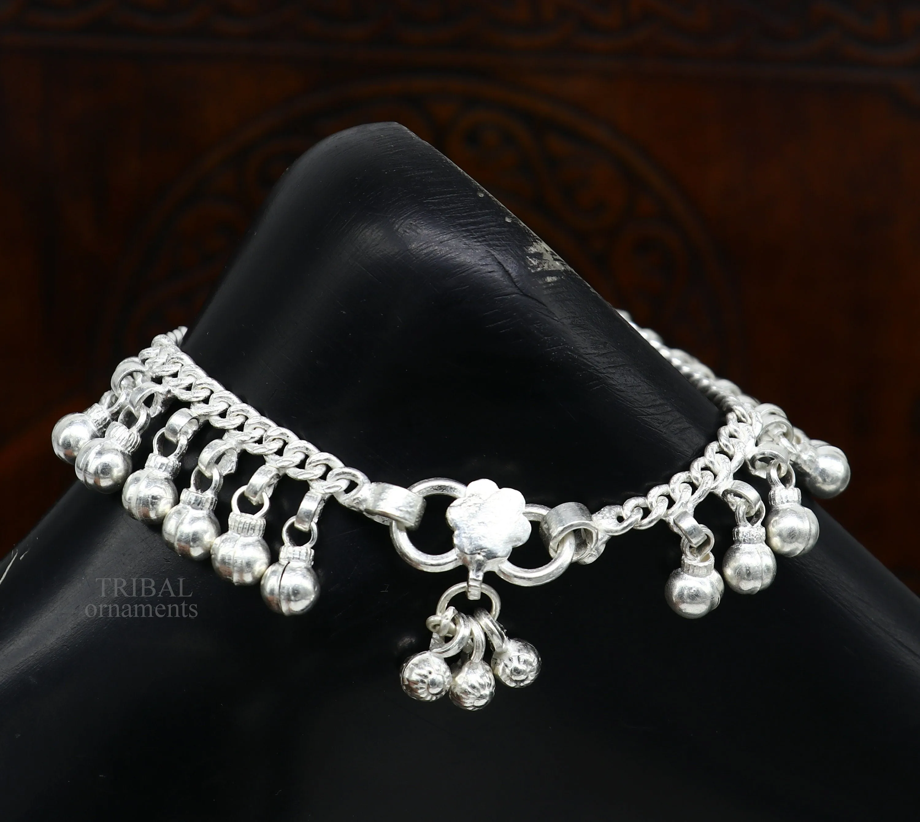 8" Vintage style sterling silver handmade solid chain ankle bracelet with amazing noisy jingle bells belly girl's genuine jewelry ank450