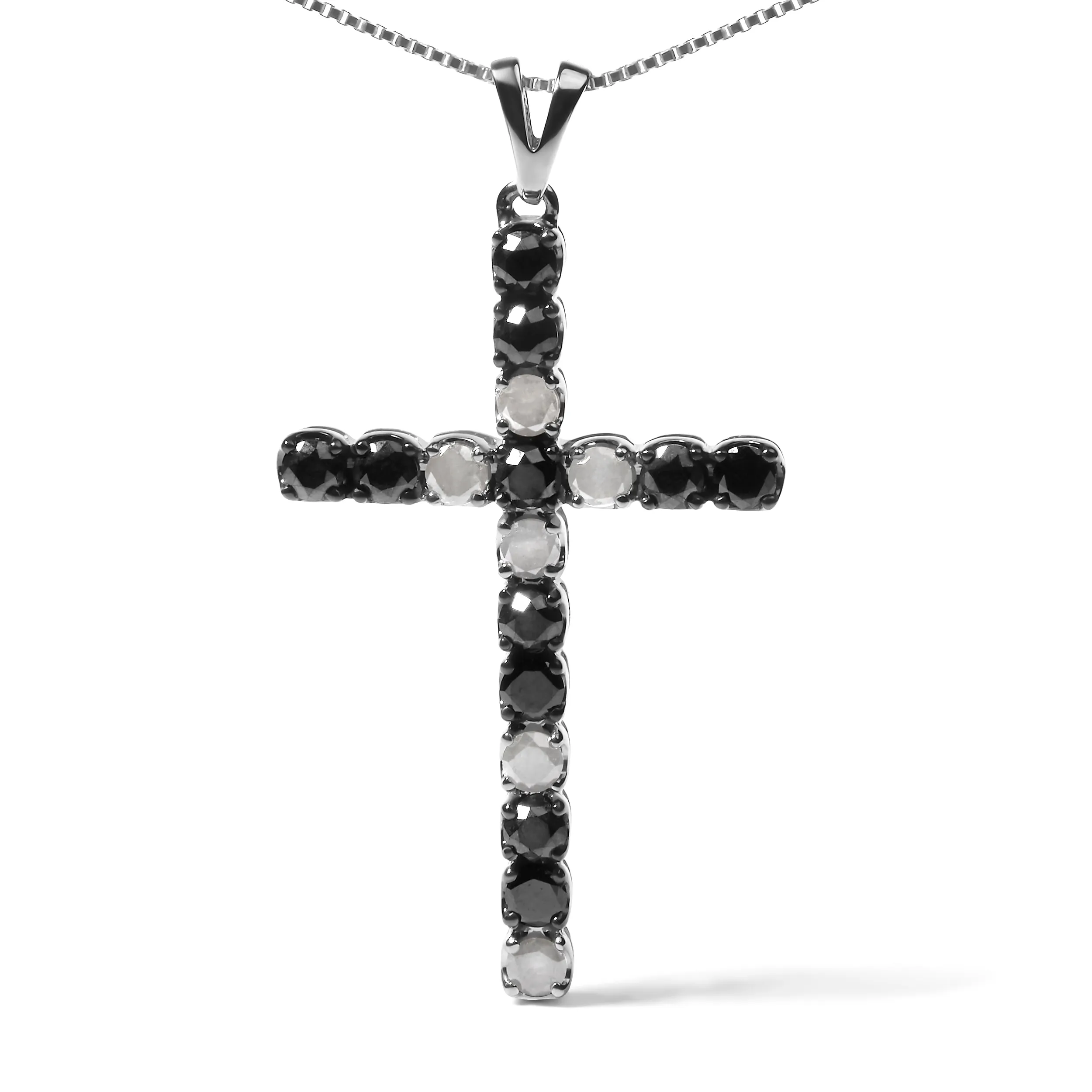 .925 Sterling Silver 1.0 Cttw Black and White Diamond Alternating Classic Cross 18" Pendant Necklace"