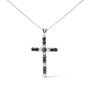 .925 Sterling Silver 1.0 Cttw Black and White Diamond Alternating Classic Cross 18" Pendant Necklace"