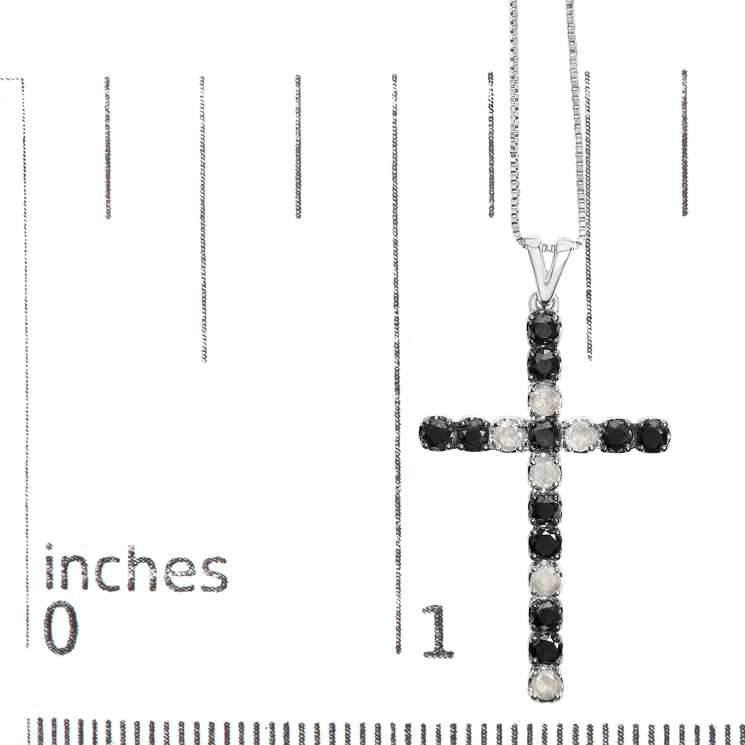 .925 Sterling Silver 1.0 Cttw Black and White Diamond Alternating Classic Cross 18" Pendant Necklace"