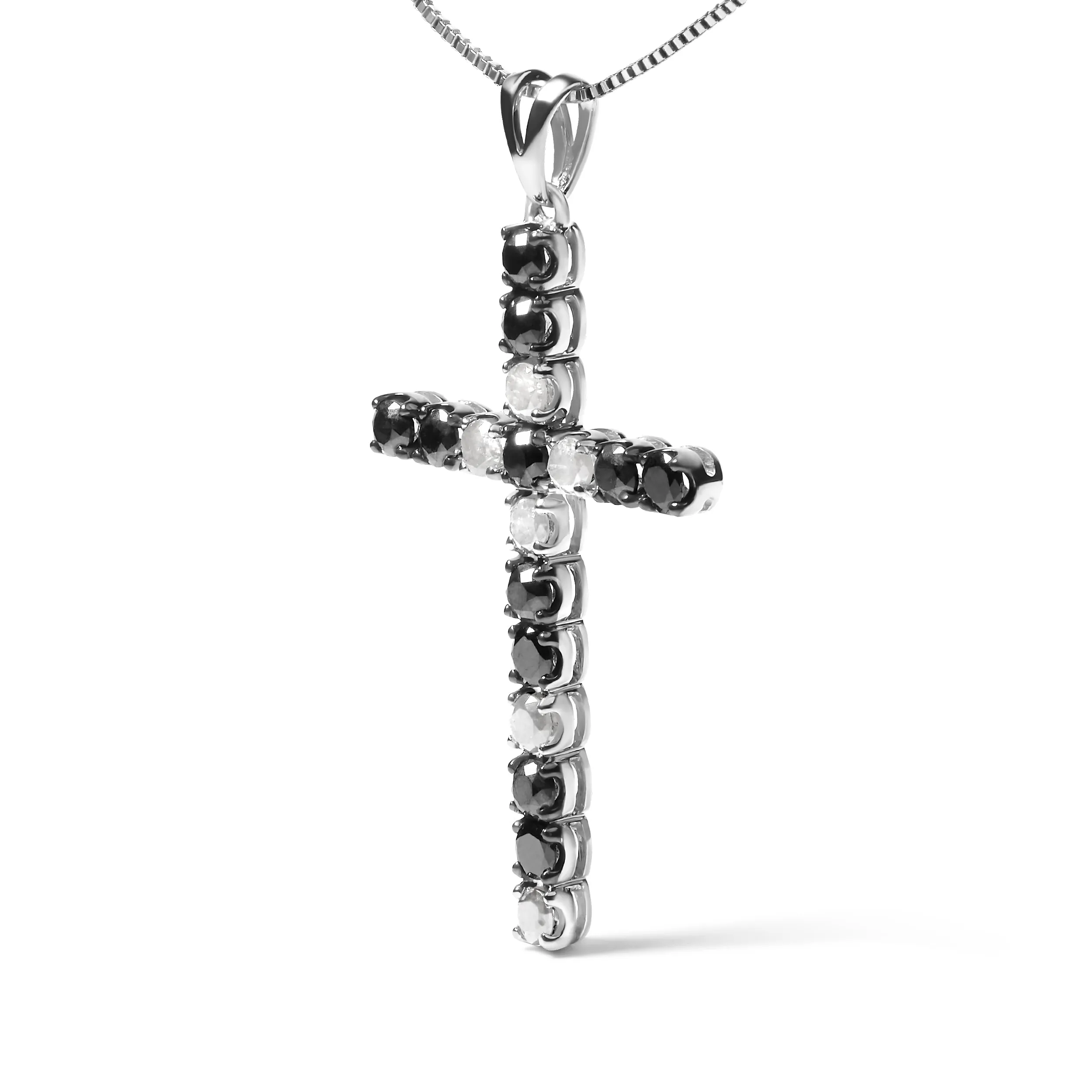 .925 Sterling Silver 1.0 Cttw Black and White Diamond Alternating Classic Cross 18" Pendant Necklace"