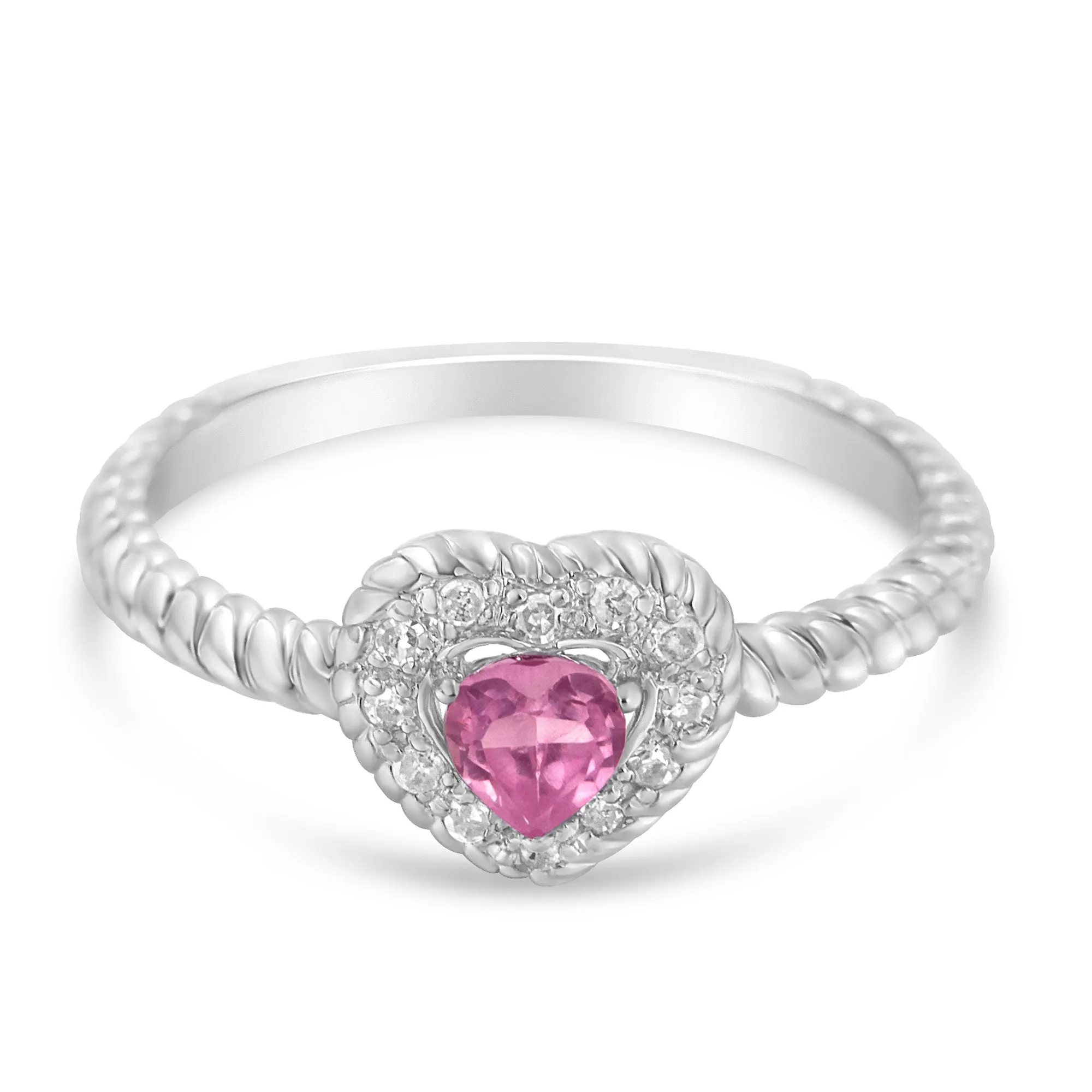 .925 Sterling Silver 4MM Pink Sapphire Heart and Diamond Accent Heart Ring