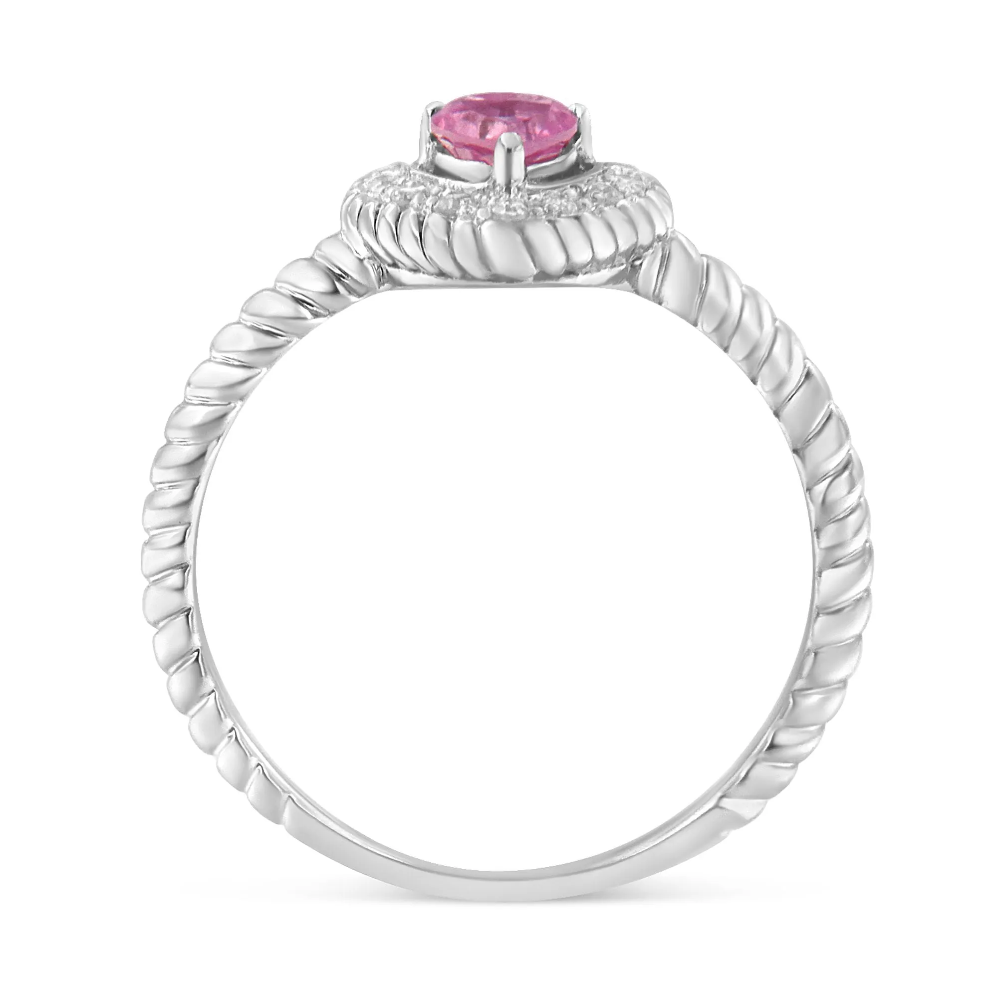 .925 Sterling Silver 4MM Pink Sapphire Heart and Diamond Accent Heart Ring