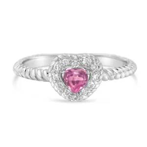 .925 Sterling Silver 4MM Pink Sapphire Heart and Diamond Accent Heart Ring