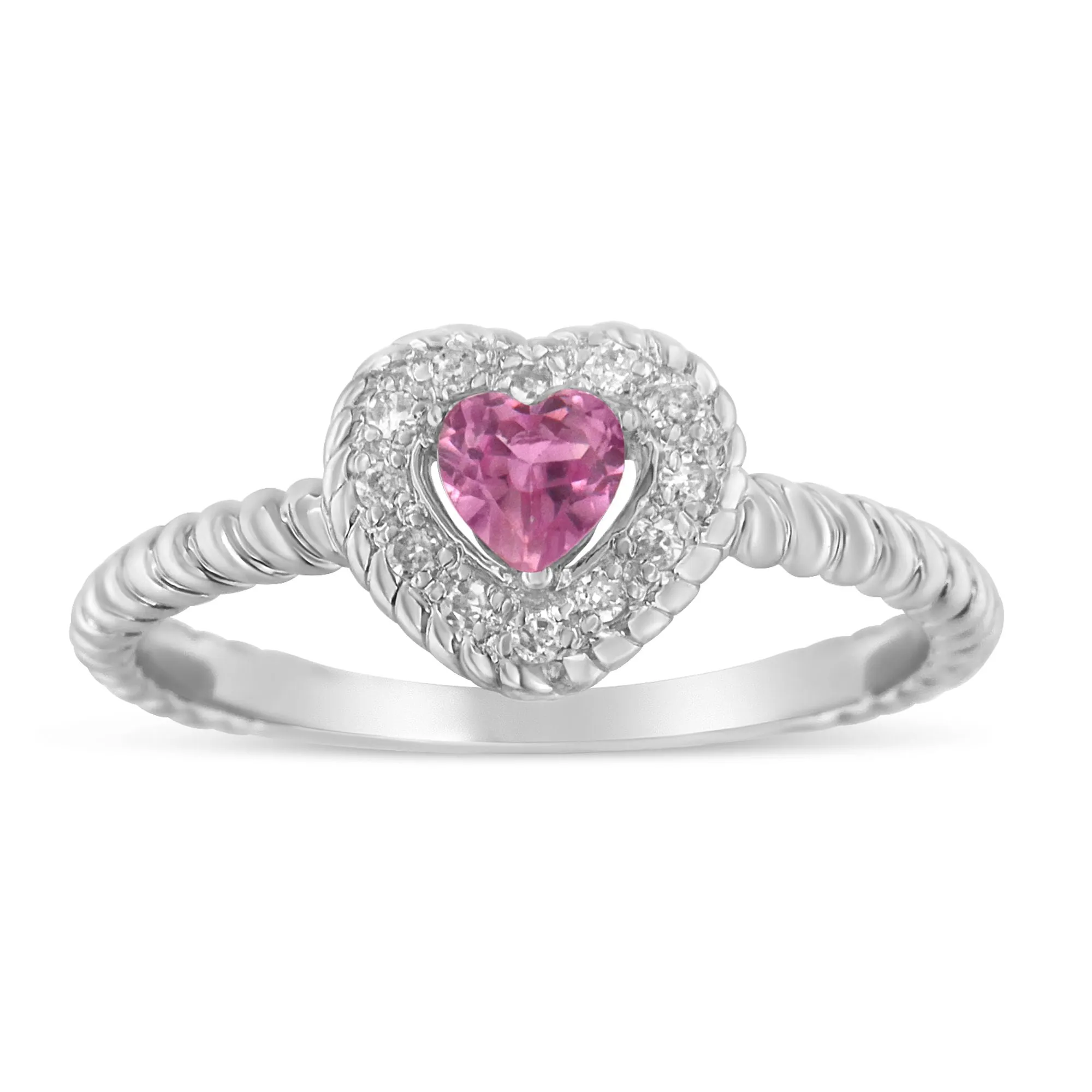 .925 Sterling Silver 4MM Pink Sapphire Heart and Diamond Accent Heart Ring